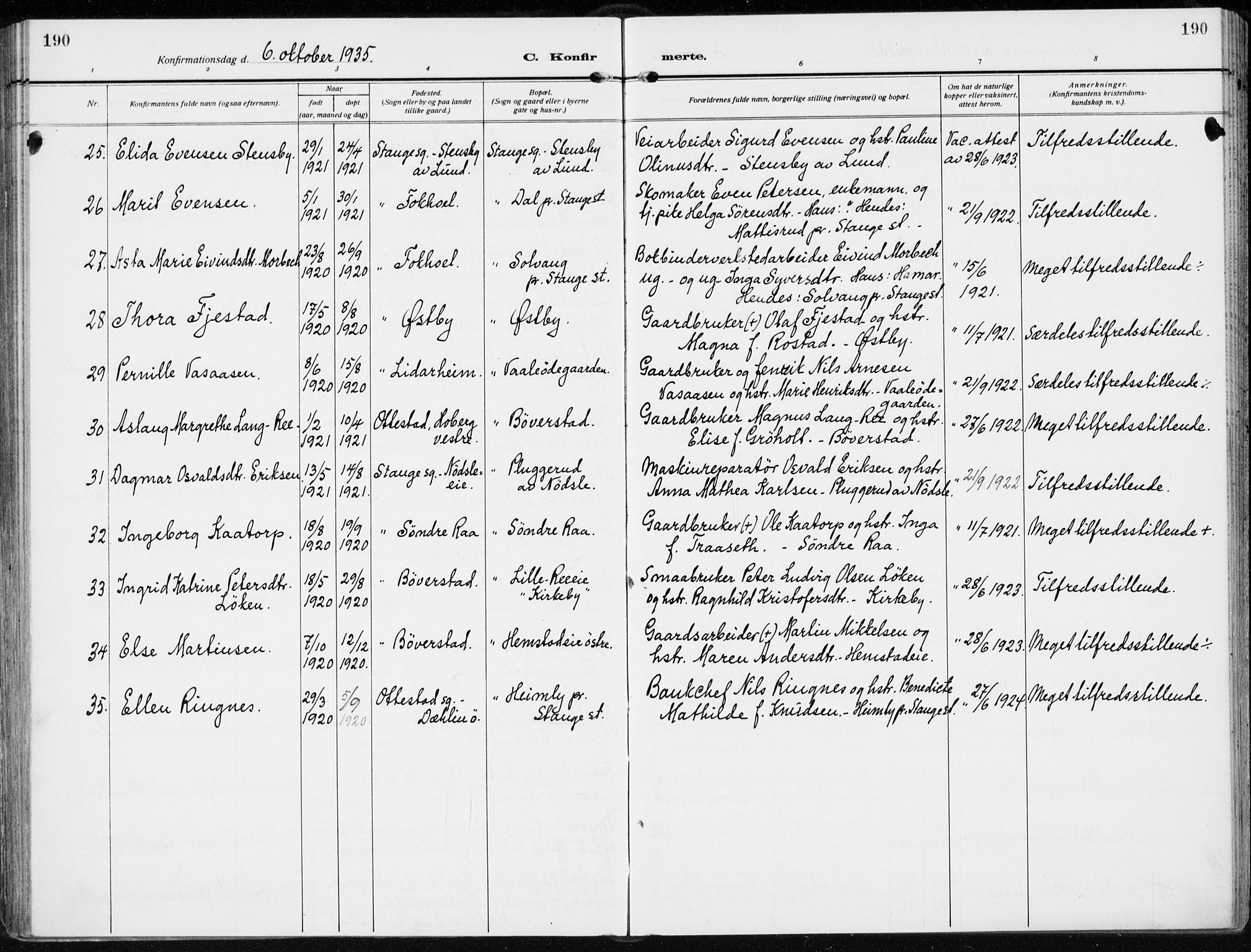 Stange prestekontor, AV/SAH-PREST-002/K/L0026: Parish register (official) no. 26, 1923-1937, p. 190