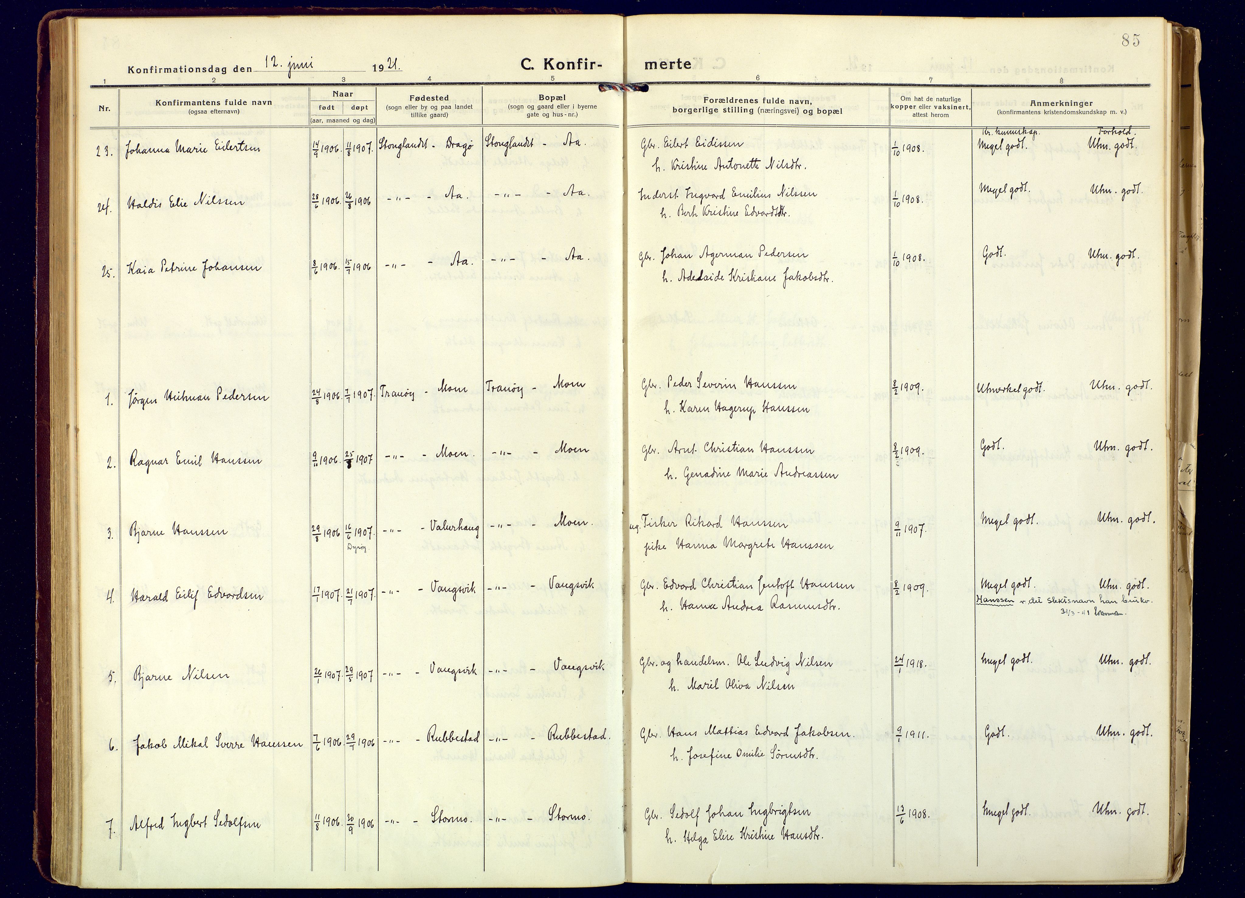 Tranøy sokneprestkontor, AV/SATØ-S-1313/I/Ia/Iaa/L0016kirke: Parish register (official) no. 16, 1919-1932, p. 85