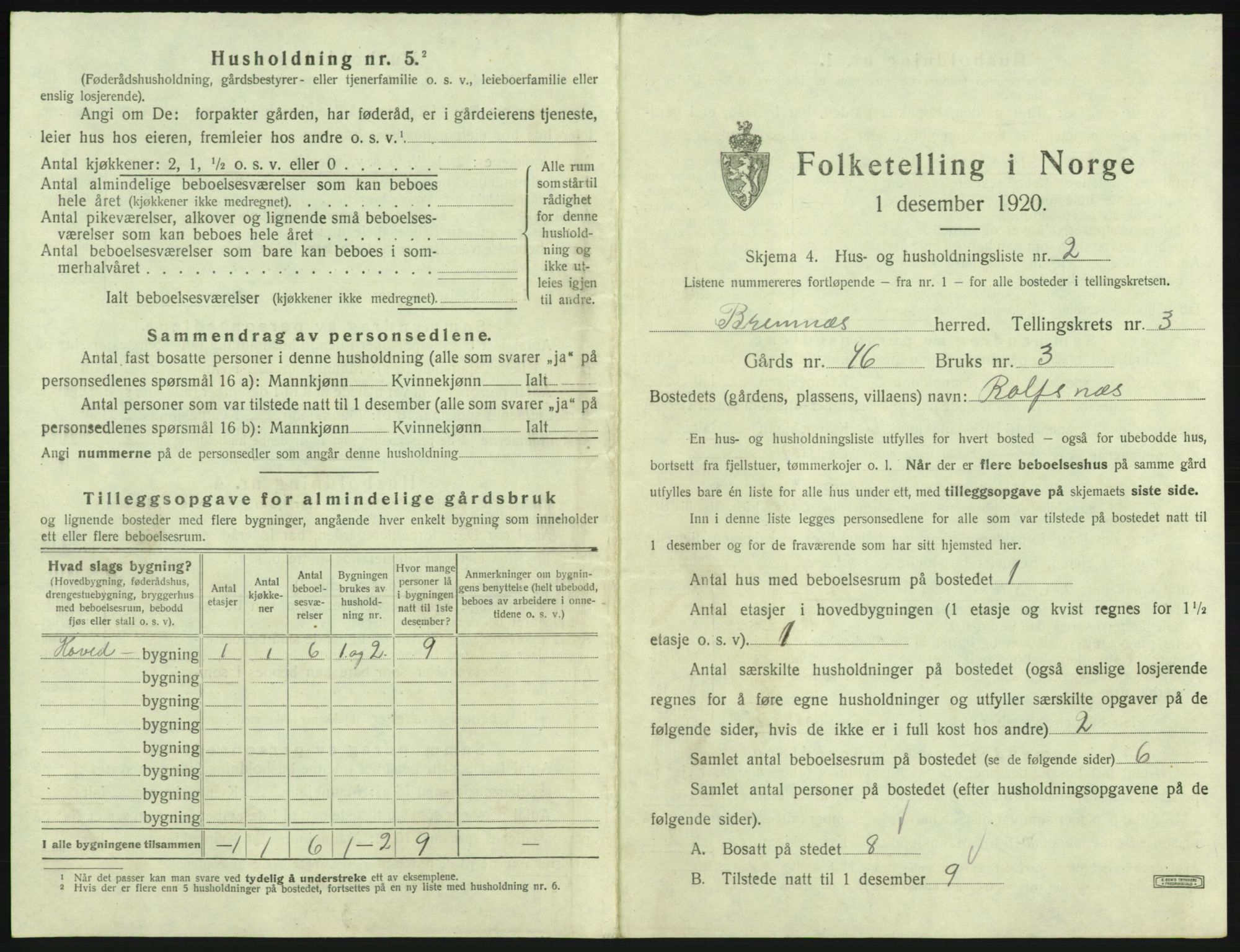 SAB, 1920 census for Bremnes, 1920, p. 121