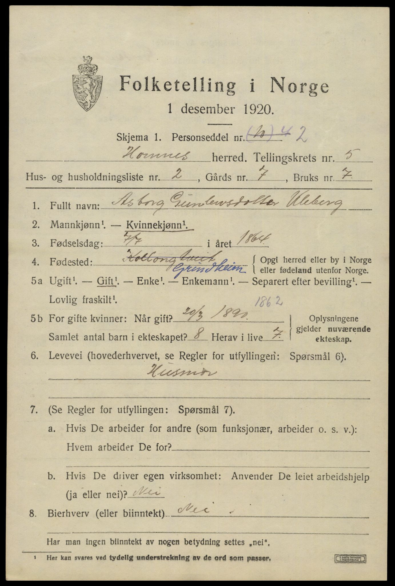 SAK, 1920 census for Hornnes, 1920, p. 1349