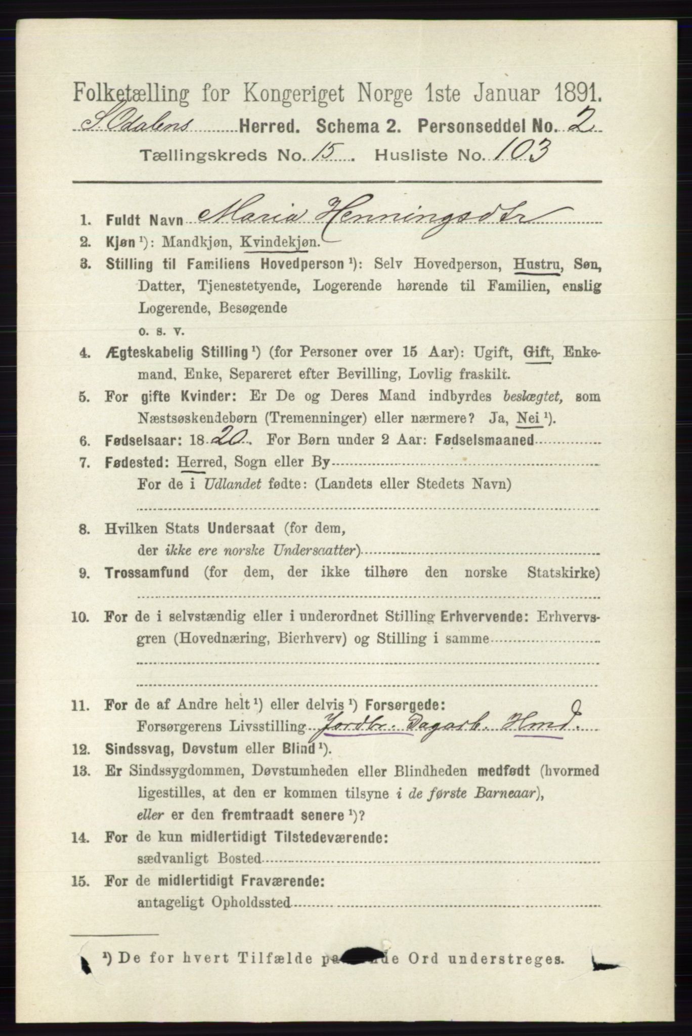 RA, 1891 census for 0419 Sør-Odal, 1891, p. 7186