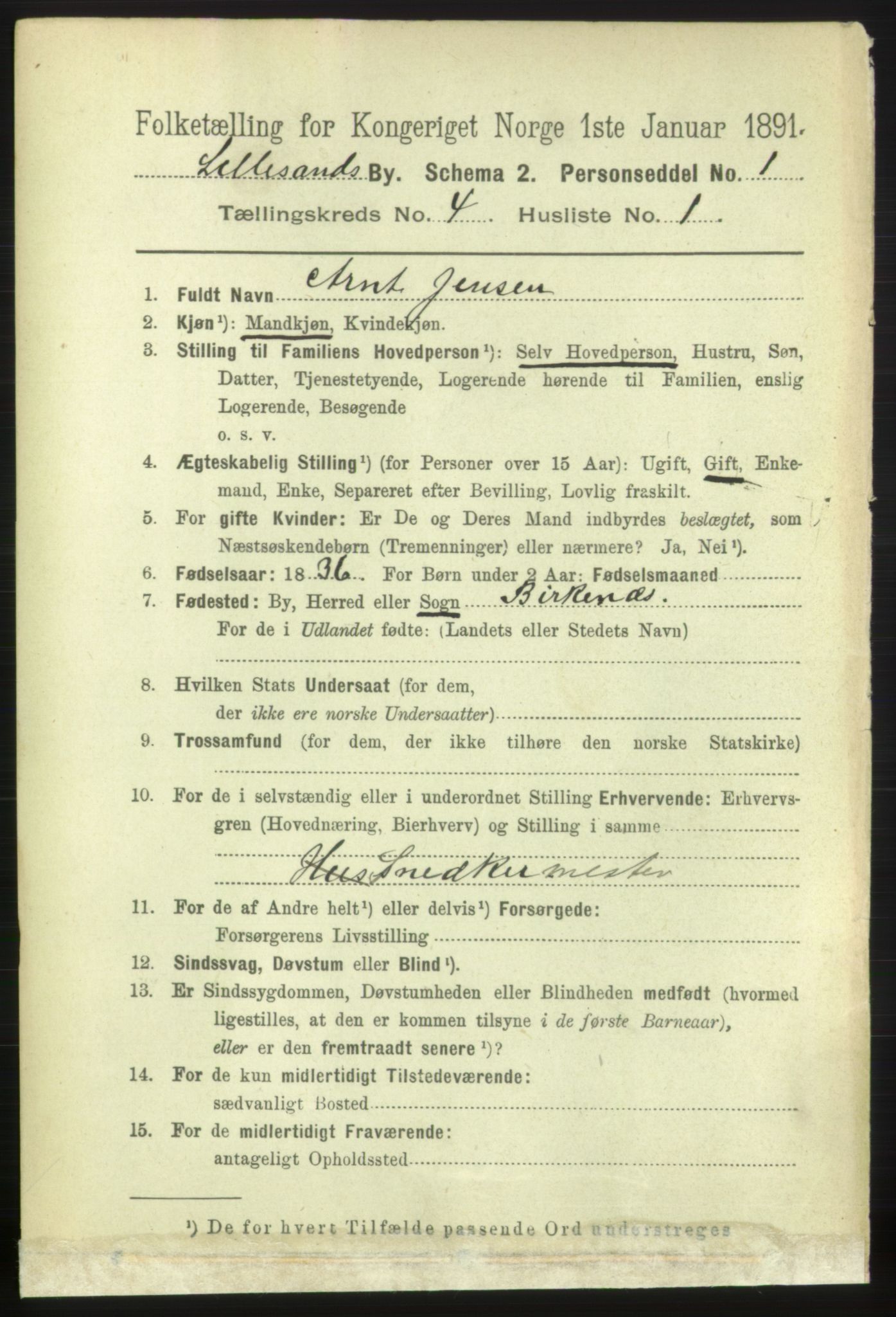 RA, 1891 census for 0905 Lillesand, 1891, p. 1065