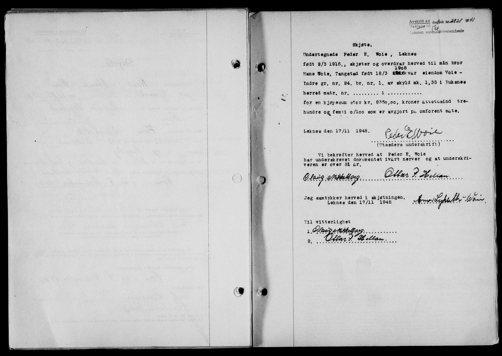Lofoten sorenskriveri, SAT/A-0017/1/2/2C/L0020a: Mortgage book no. 20a, 1948-1949, Diary no: : 2828/1948