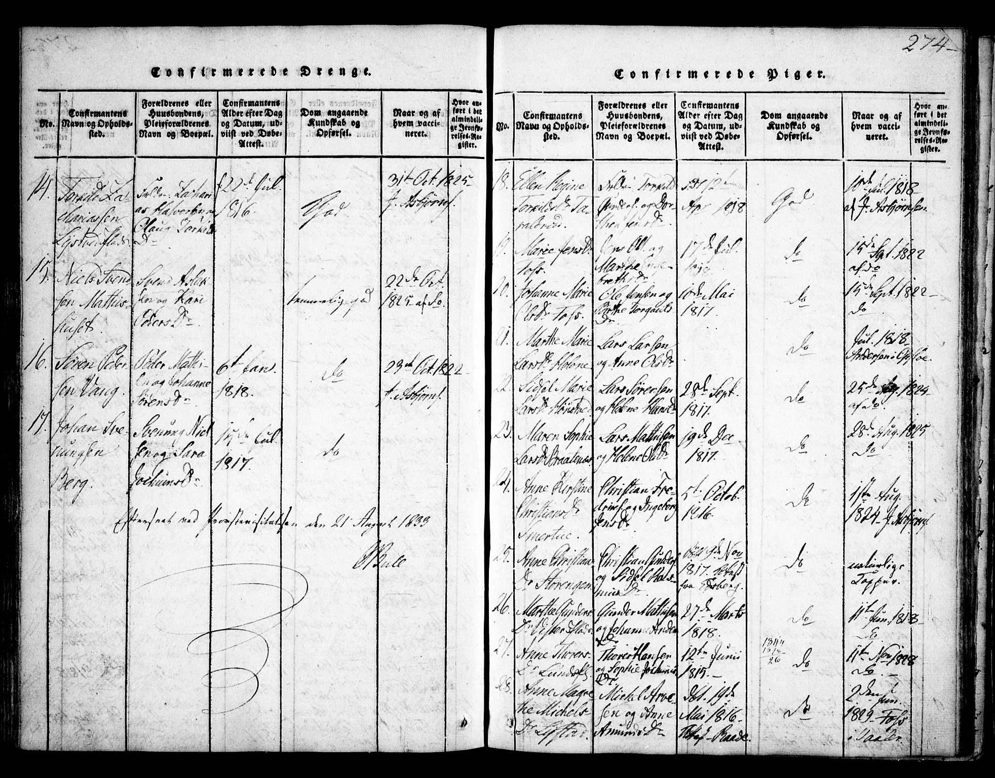 Skiptvet prestekontor Kirkebøker, AV/SAO-A-20009/F/Fa/L0005: Parish register (official) no. 5, 1814-1838, p. 274