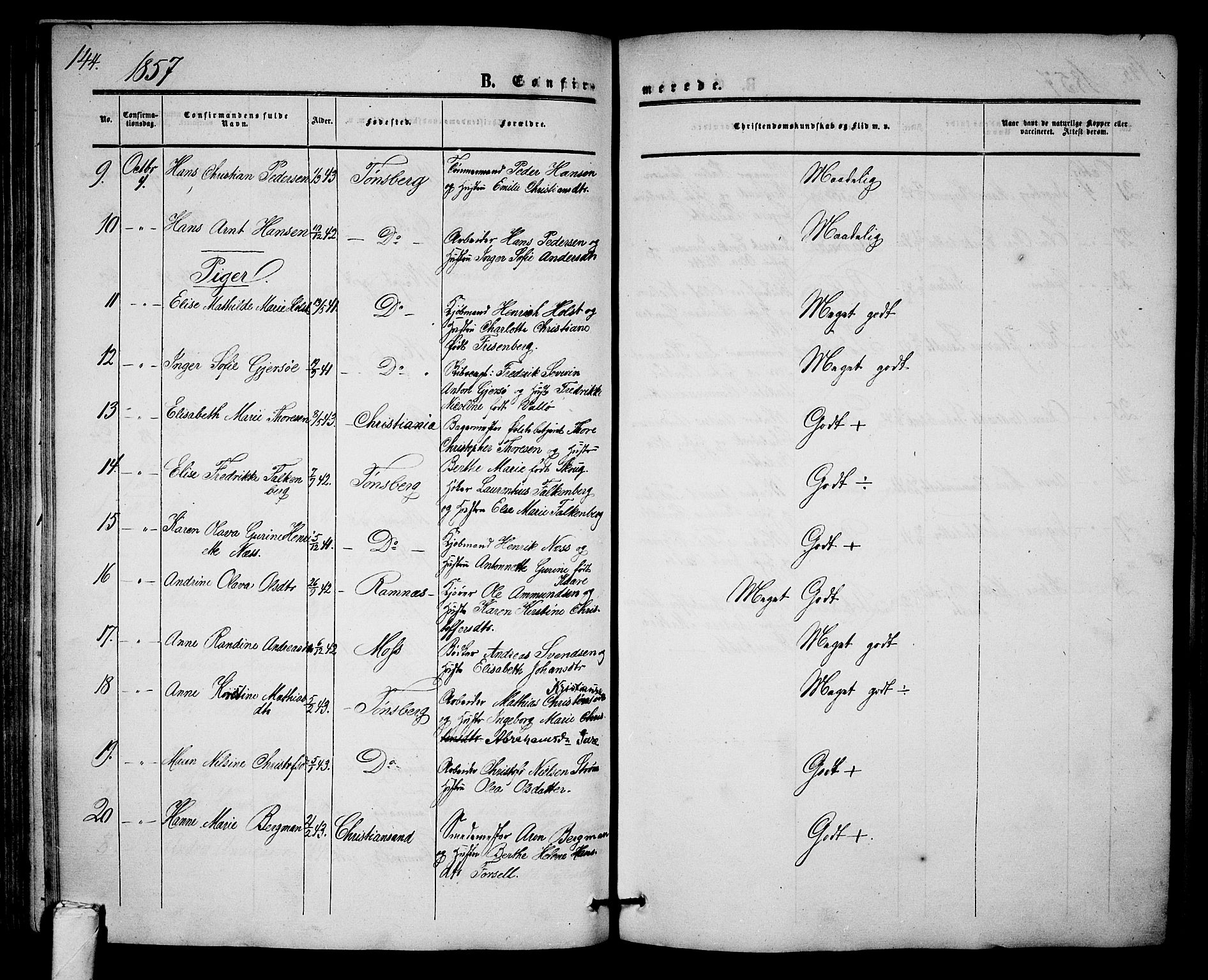 Tønsberg kirkebøker, AV/SAKO-A-330/G/Ga/L0003: Parish register (copy) no. 3, 1855-1864, p. 144