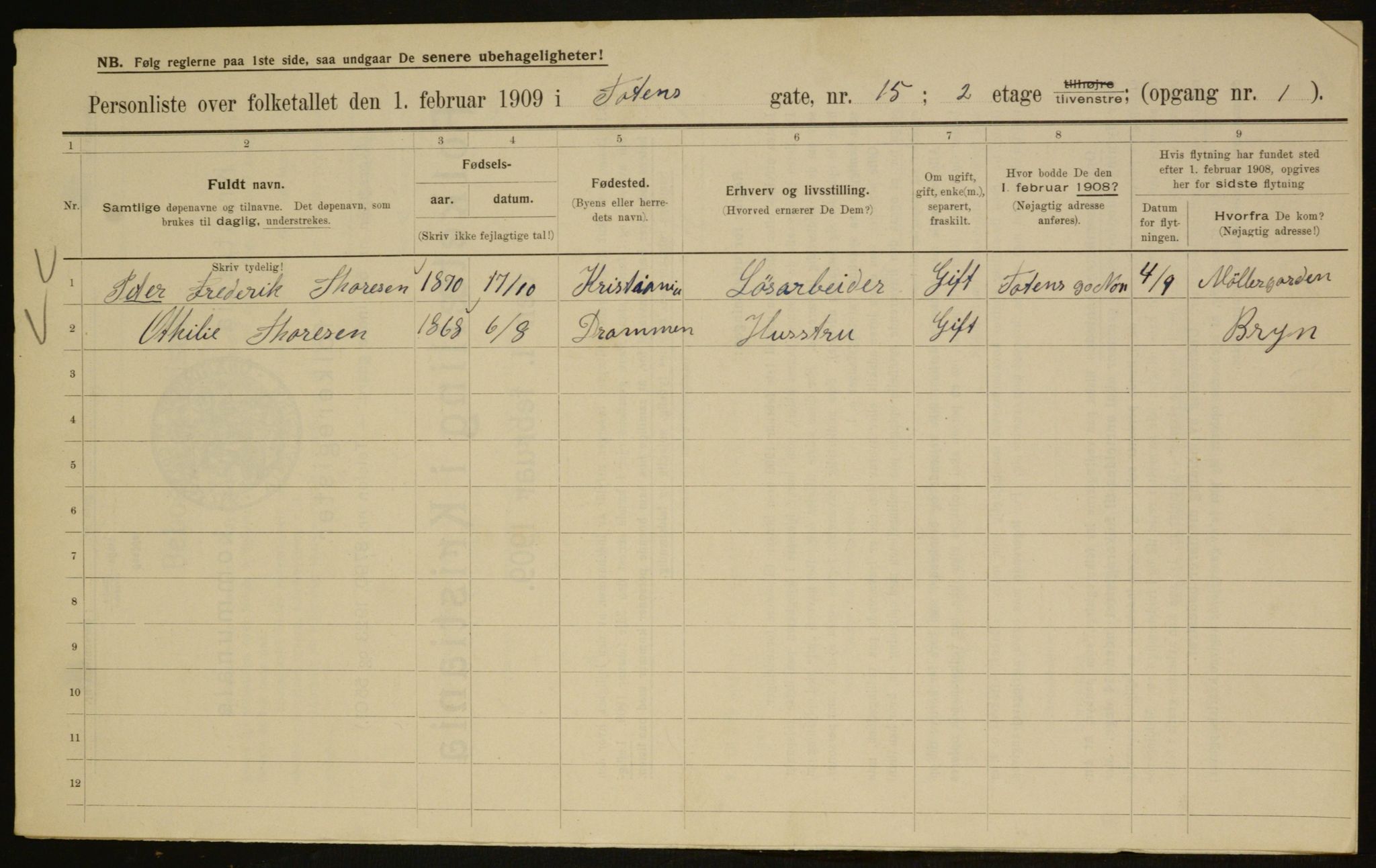 OBA, Municipal Census 1909 for Kristiania, 1909, p. 104800