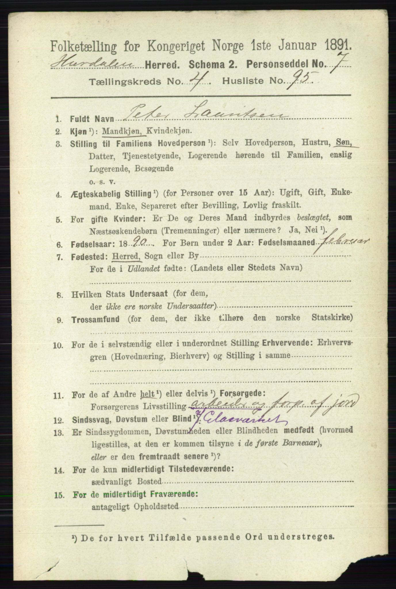 RA, 1891 census for 0239 Hurdal, 1891, p. 1998