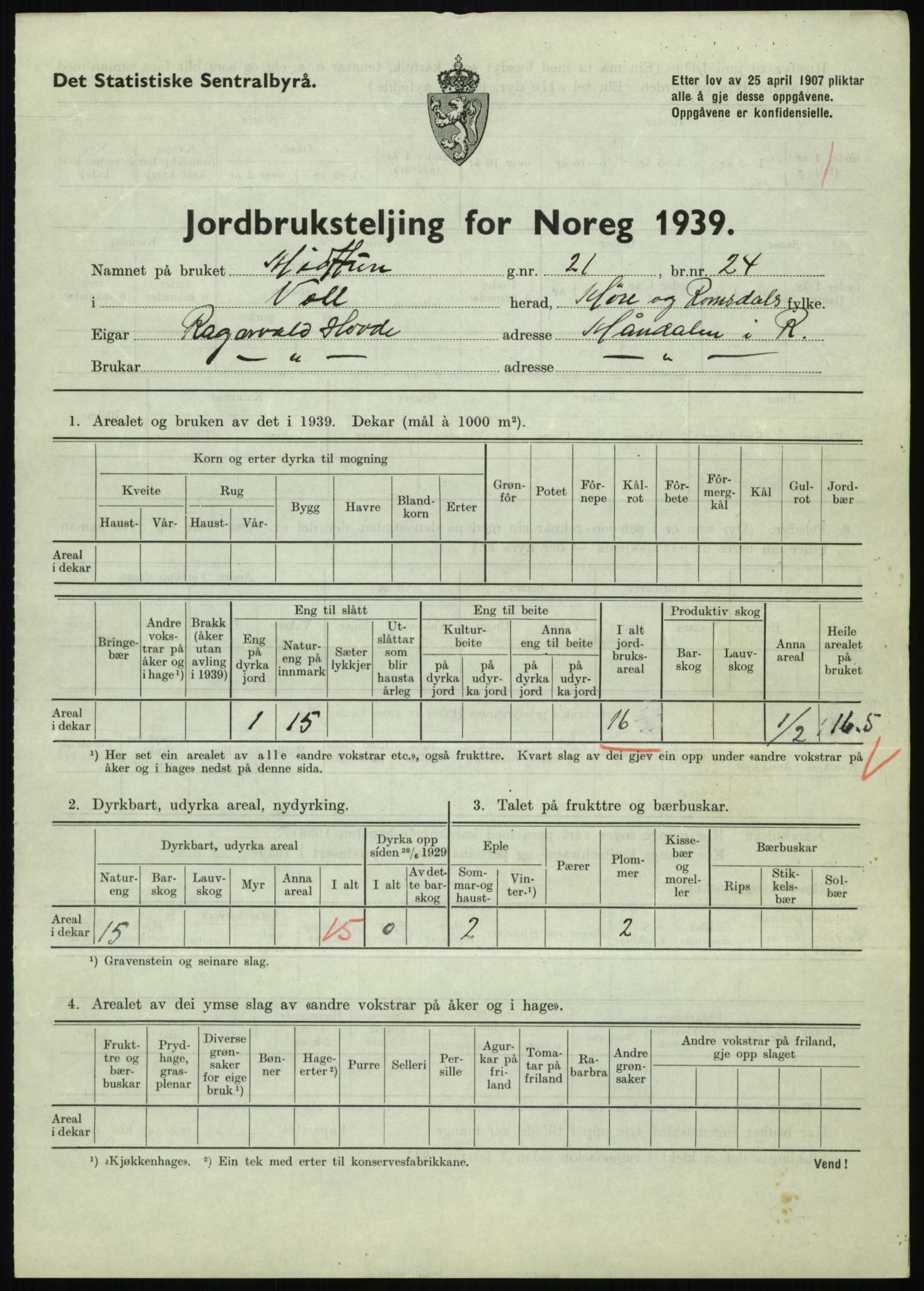 Statistisk sentralbyrå, Næringsøkonomiske emner, Jordbruk, skogbruk, jakt, fiske og fangst, AV/RA-S-2234/G/Gb/L0251: Møre og Romsdal: Voll, Eid, Grytten og Hen, 1939, p. 111