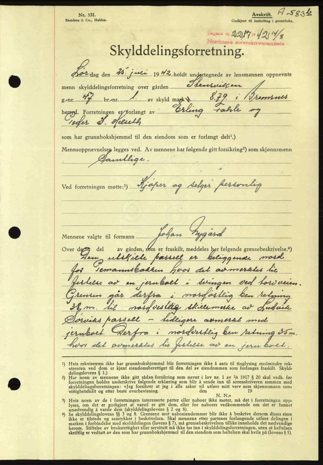 Nordmøre sorenskriveri, AV/SAT-A-4132/1/2/2Ca: Mortgage book no. A93, 1942-1942, Diary no: : 2217/1942