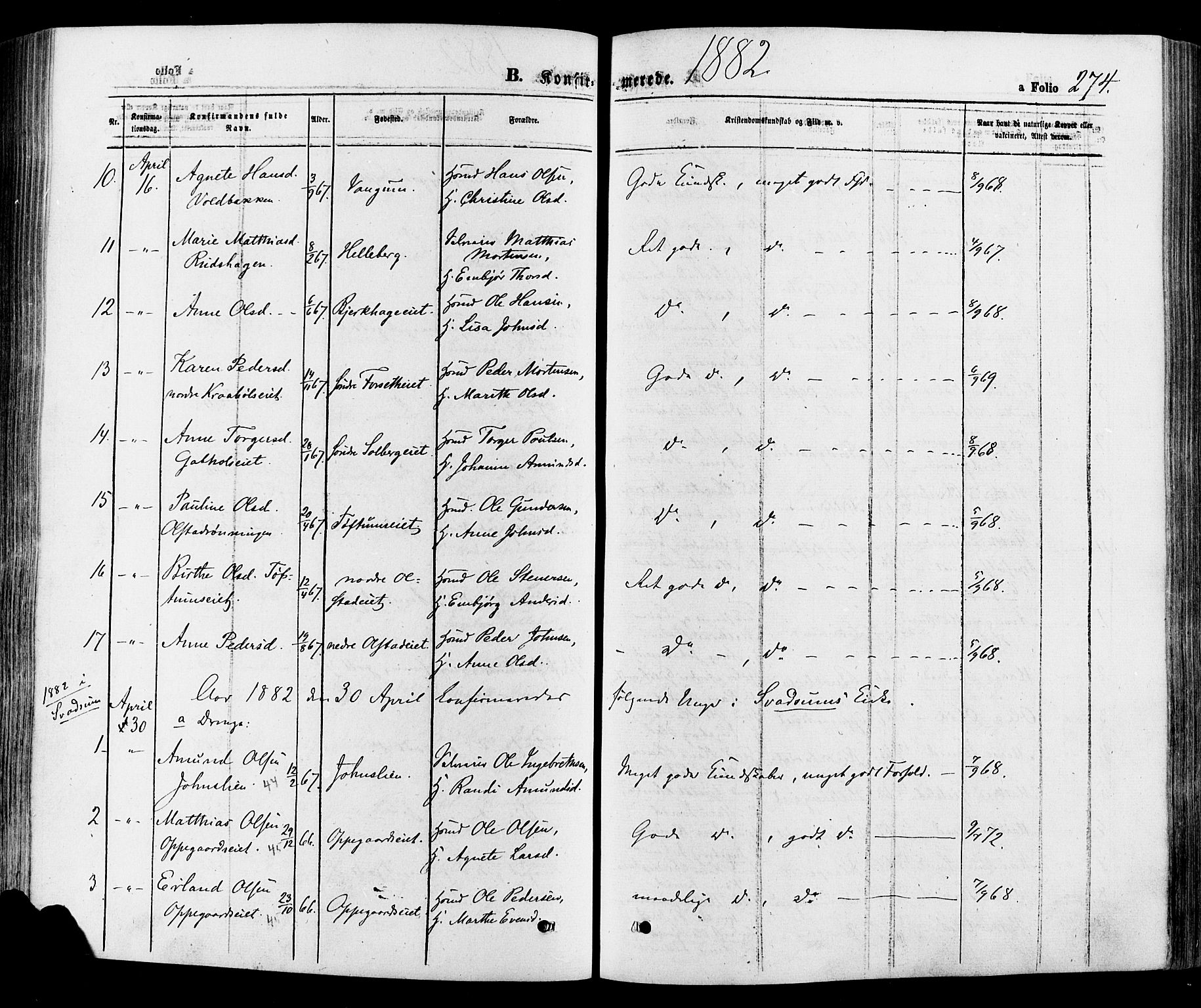 Gausdal prestekontor, SAH/PREST-090/H/Ha/Haa/L0010: Parish register (official) no. 10, 1867-1886, p. 274