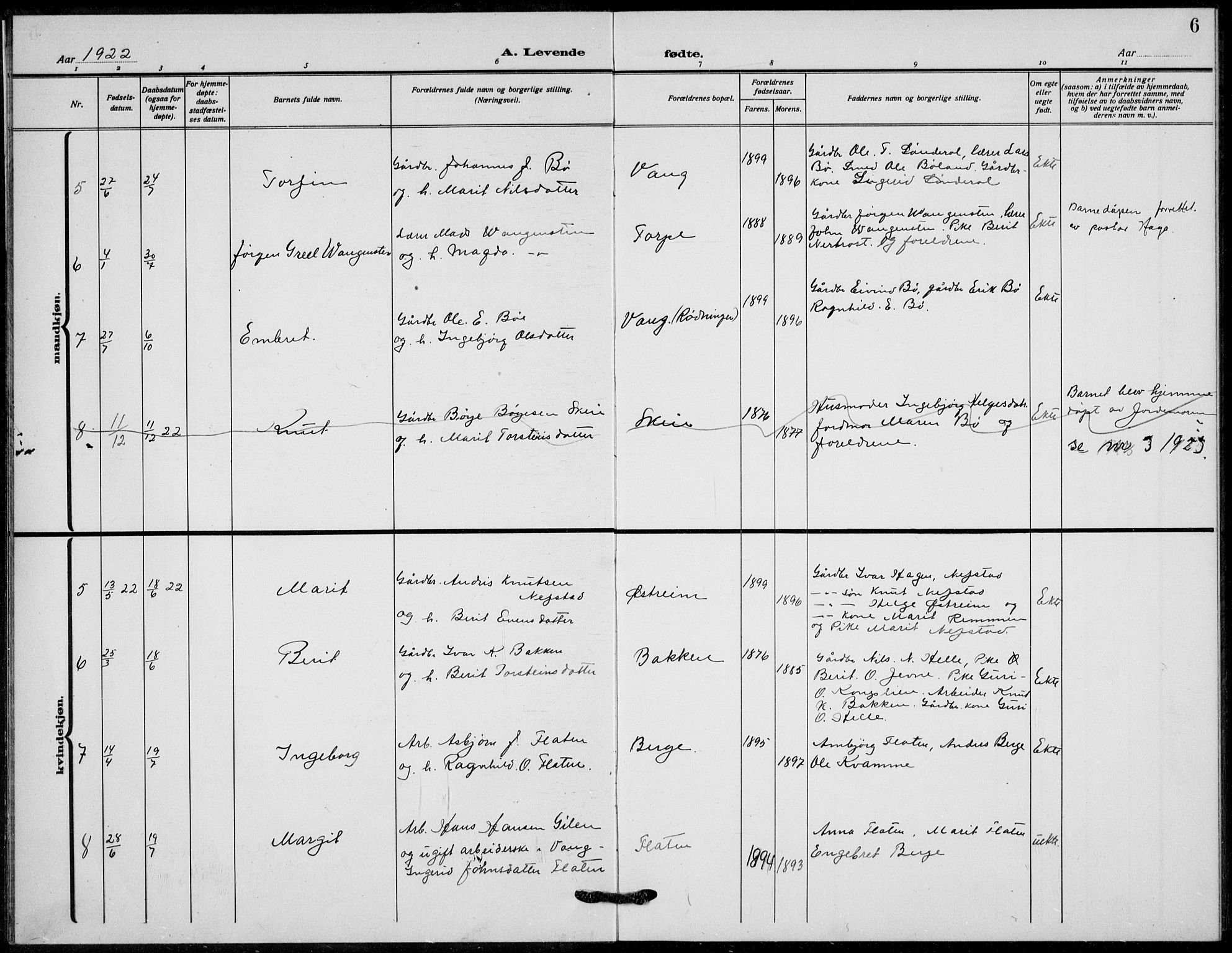 Vang prestekontor, Valdres, AV/SAH-PREST-140/H/Hb/L0012: Parish register (copy) no. 12, 1919-1937, p. 6