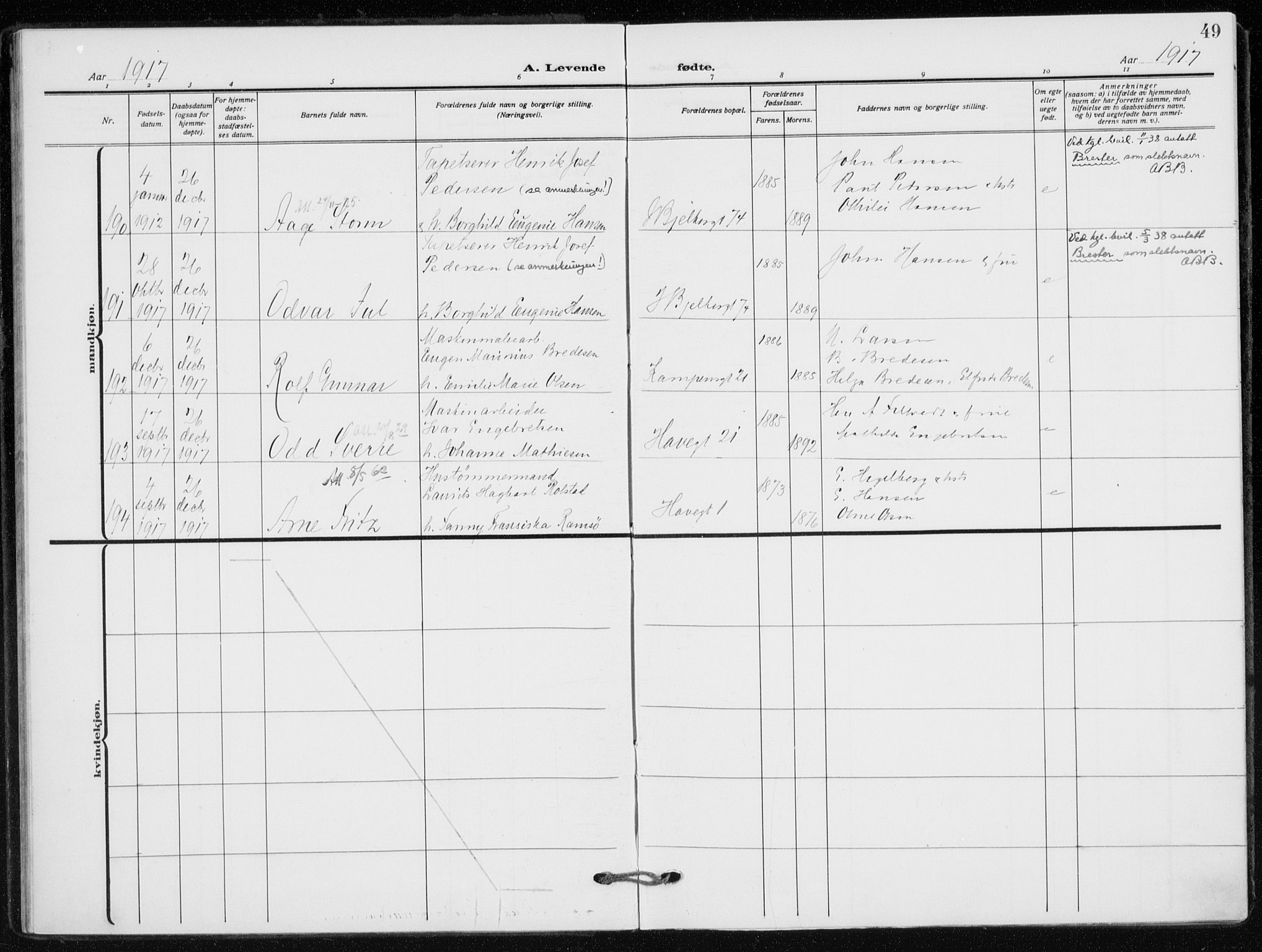 Kampen prestekontor Kirkebøker, AV/SAO-A-10853/F/Fa/L0012: Parish register (official) no. I 12, 1916-1921, p. 49