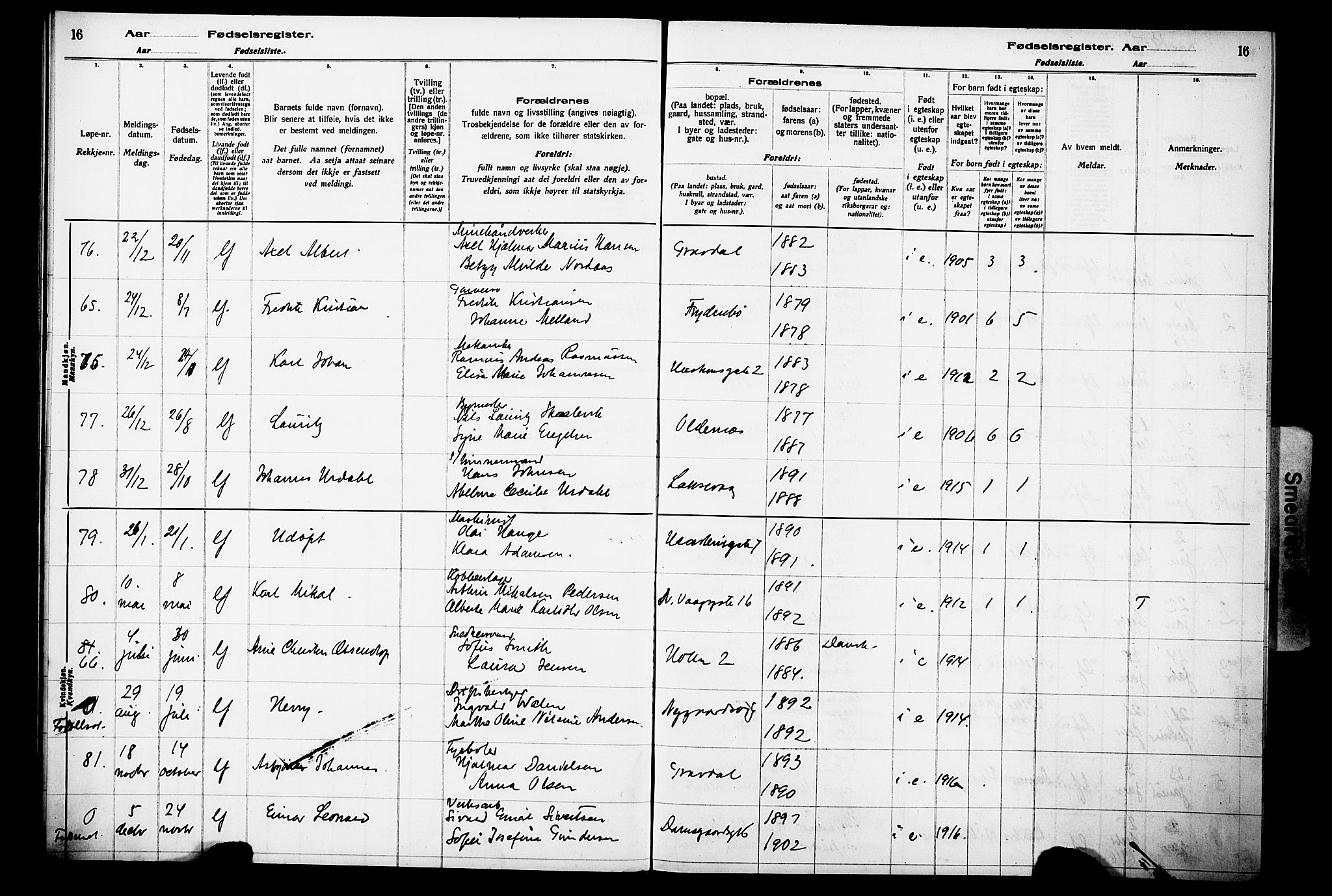 Laksevåg Sokneprestembete, SAB/A-76501/I/Id/L00A1: Birth register no. A 1, 1916-1926, p. 16