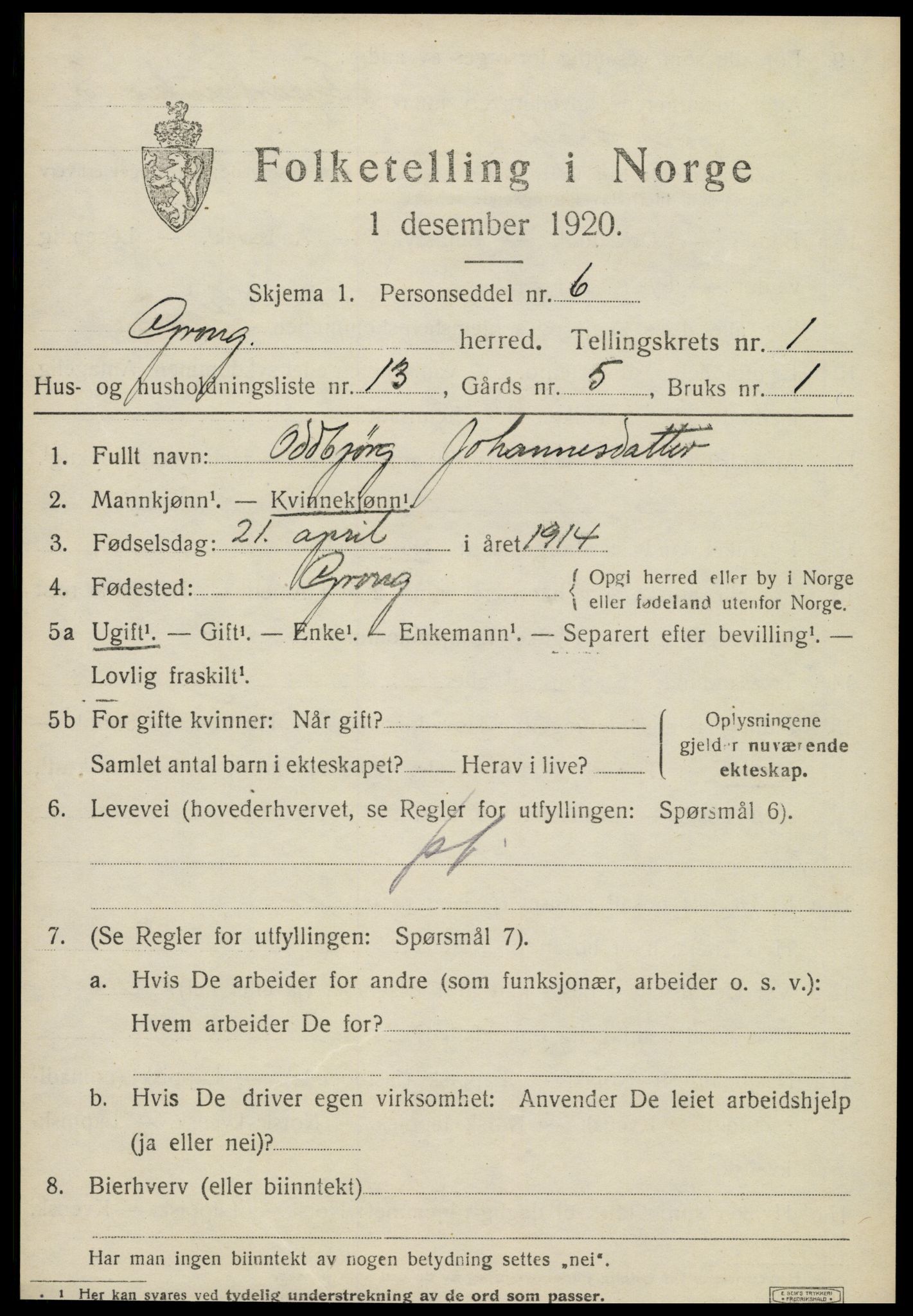 SAT, 1920 census for Grong, 1920, p. 1177