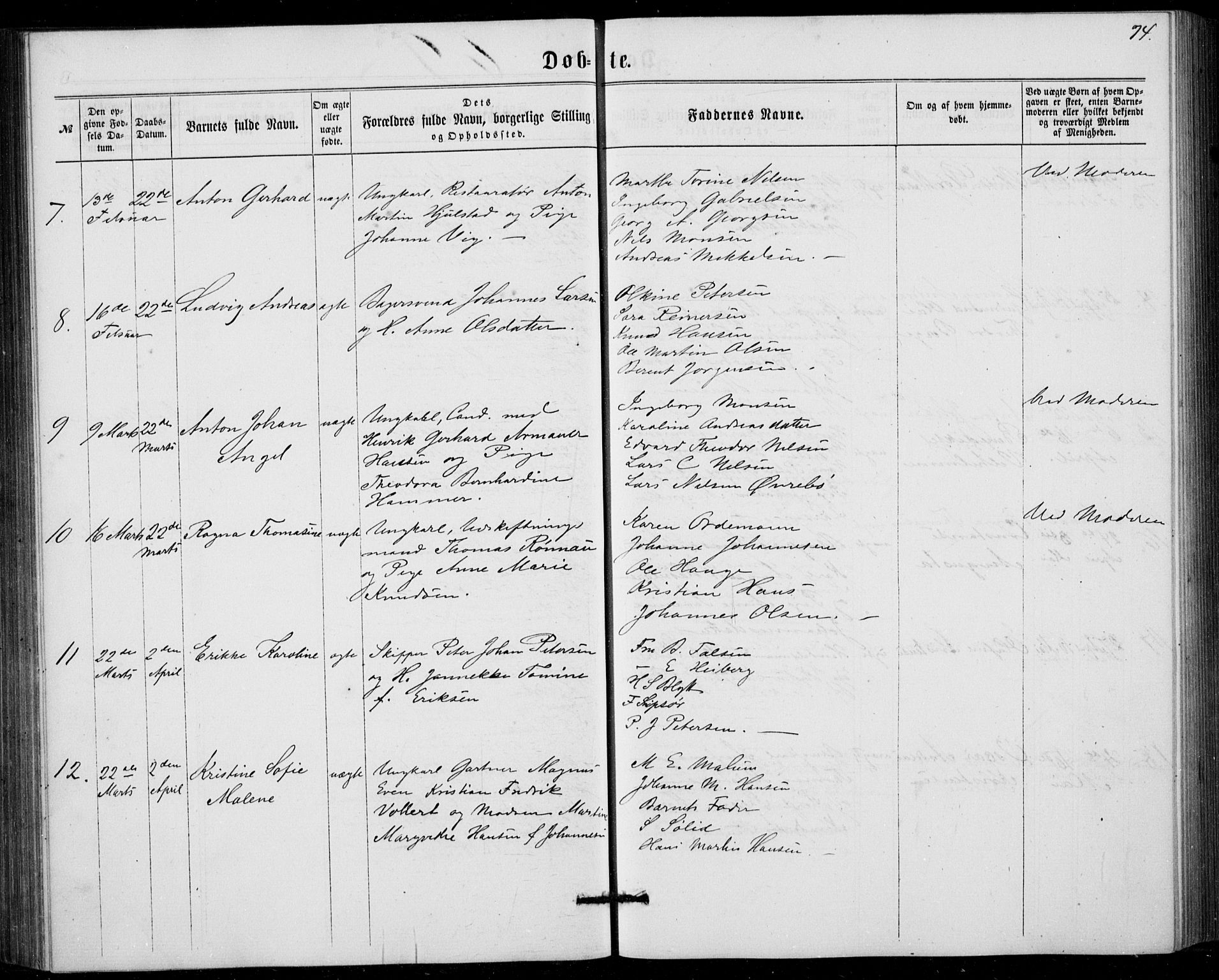 Fødselsstiftelsens sokneprestembete, ført av overlegen*, SAB/-: Parish register (official) no. A 1, 1863-1883, p. 74