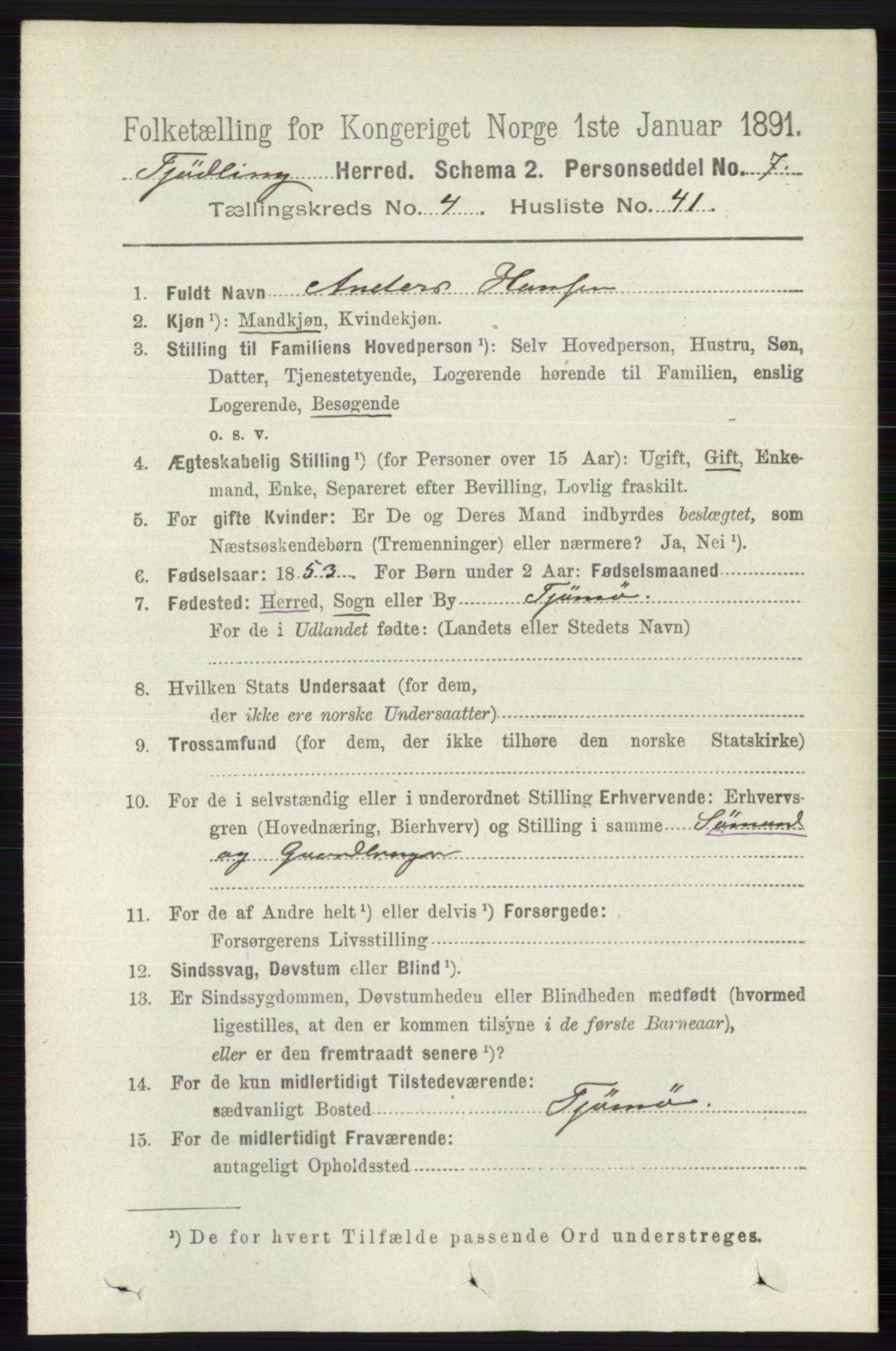 RA, 1891 census for 0725 Tjølling, 1891, p. 1678