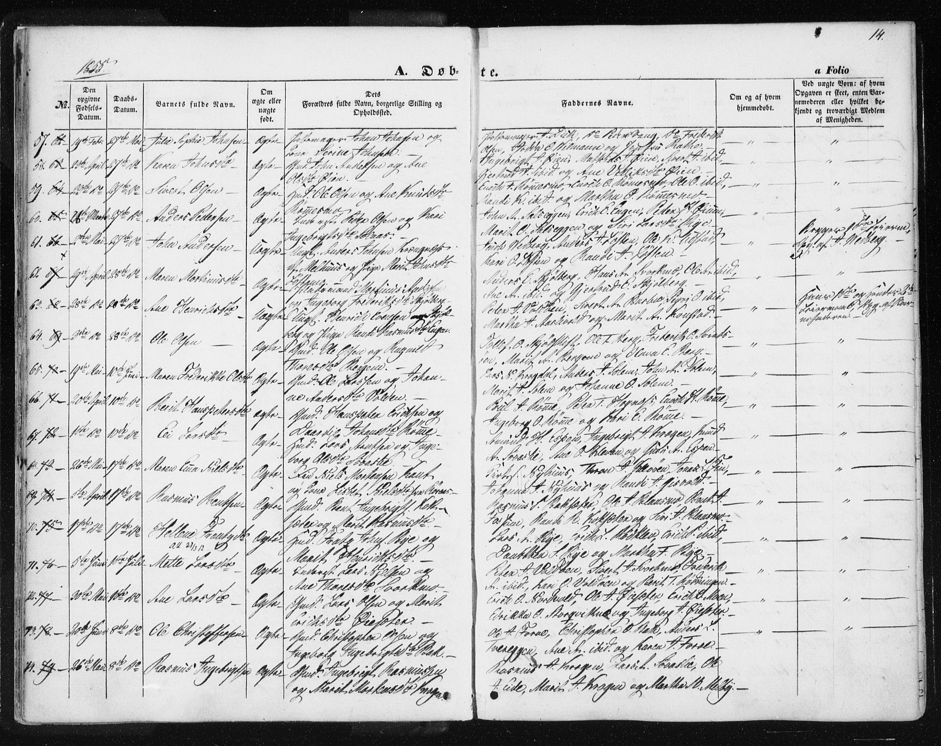 Ministerialprotokoller, klokkerbøker og fødselsregistre - Sør-Trøndelag, SAT/A-1456/668/L0806: Parish register (official) no. 668A06, 1854-1869, p. 14