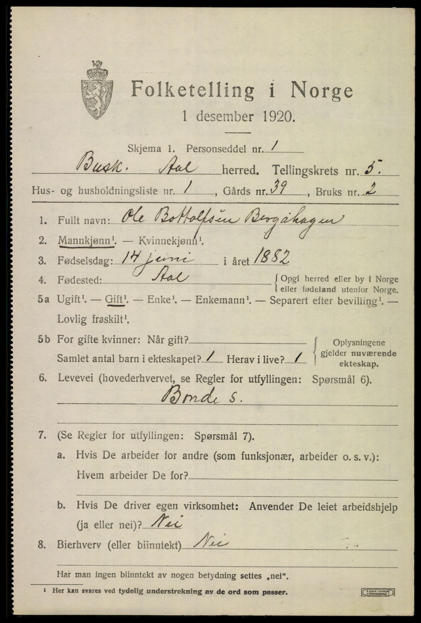 SAKO, 1920 census for Ål, 1920, p. 3872