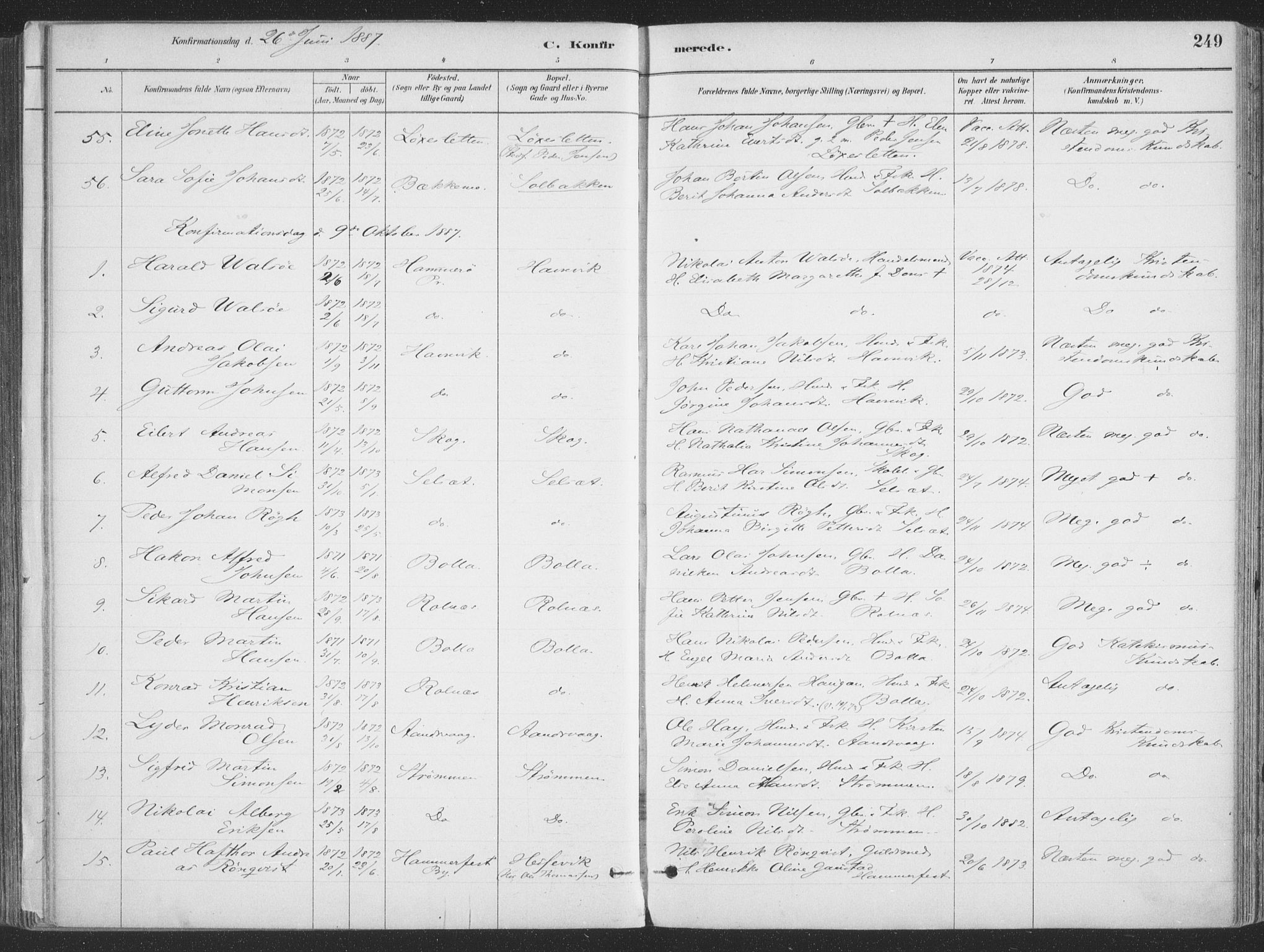 Ibestad sokneprestembete, AV/SATØ-S-0077/H/Ha/Haa/L0011kirke: Parish register (official) no. 11, 1880-1889, p. 249