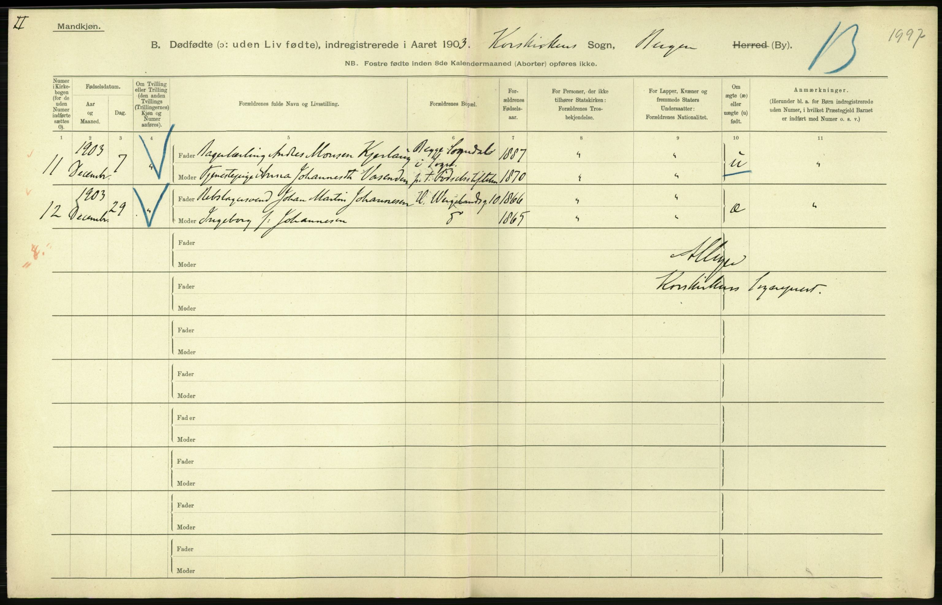 Statistisk sentralbyrå, Sosiodemografiske emner, Befolkning, AV/RA-S-2228/D/Df/Dfa/Dfaa/L0026: Smålenenes - Finnmarkens amt: Dødfødte. Byer., 1903, p. 136