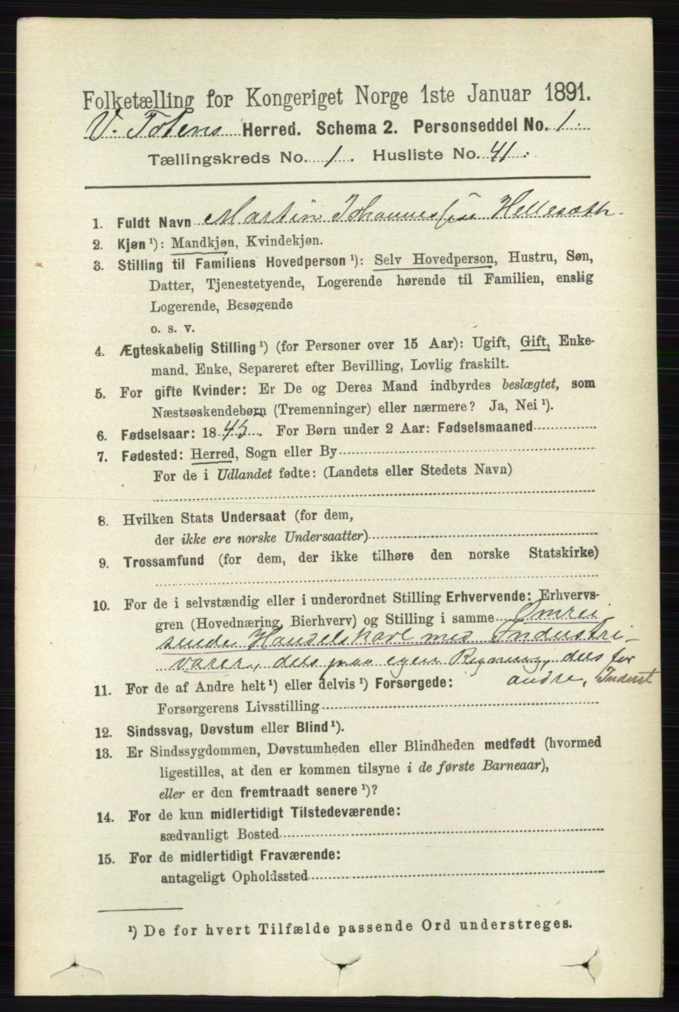 RA, 1891 census for 0529 Vestre Toten, 1891, p. 450