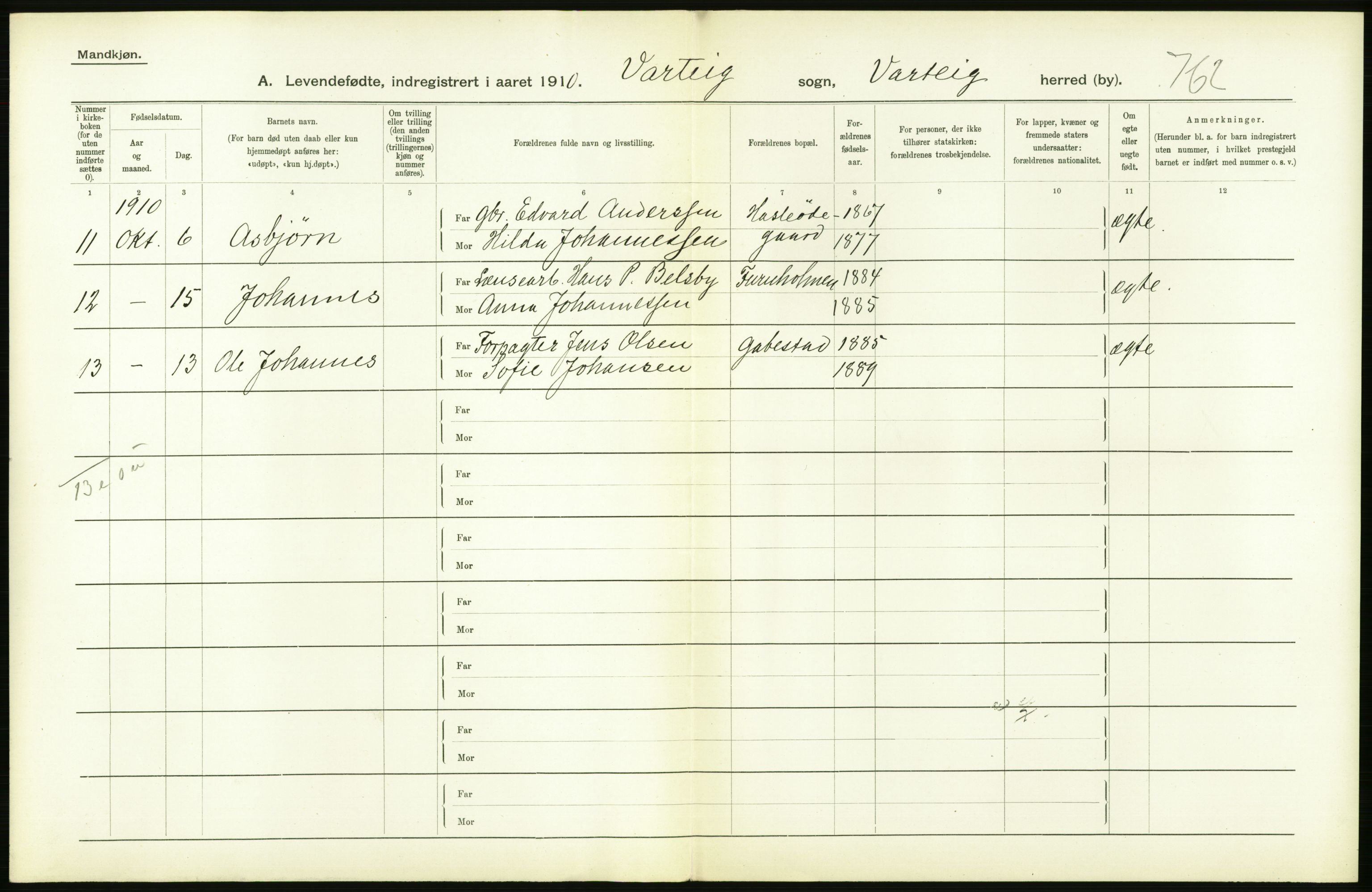 Statistisk sentralbyrå, Sosiodemografiske emner, Befolkning, RA/S-2228/D/Df/Dfa/Dfah/L0001: Smålenenes amt: Levendefødte menn og kvinner. Bygder., 1910, p. 298