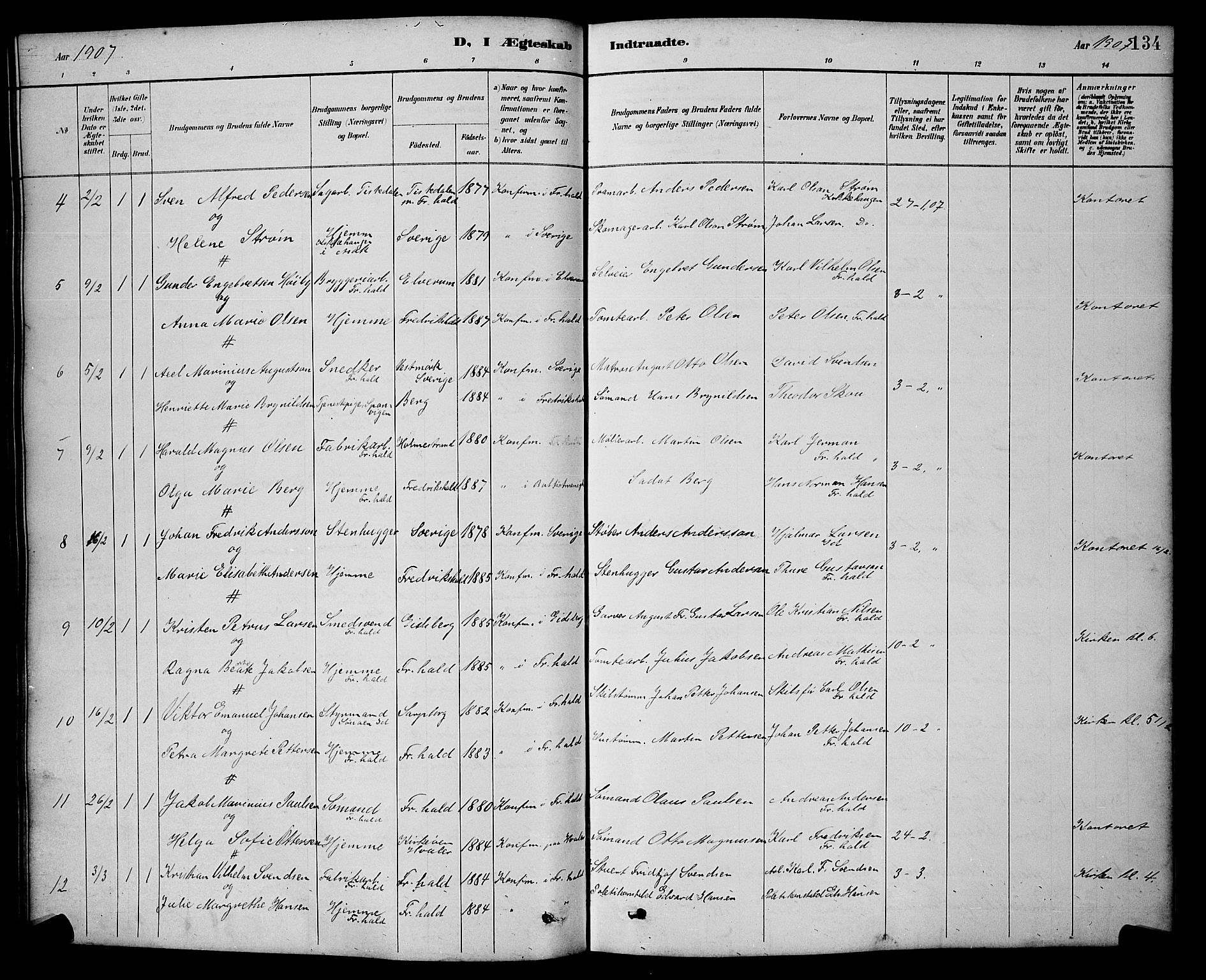 Halden prestekontor Kirkebøker, SAO/A-10909/G/Ga/L0009: Parish register (copy) no. 9, 1885-1908, p. 134