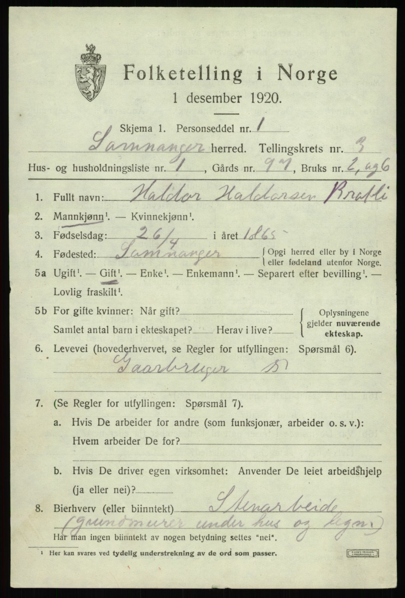 SAB, 1920 census for Samnanger, 1920, p. 1497