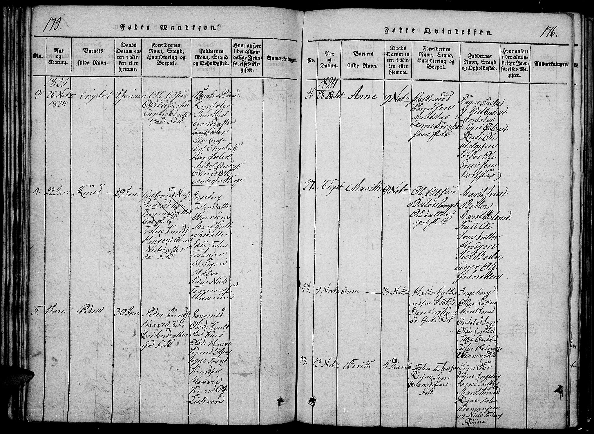 Slidre prestekontor, SAH/PREST-134/H/Ha/Hab/L0002: Parish register (copy) no. 2, 1814-1839, p. 175-176
