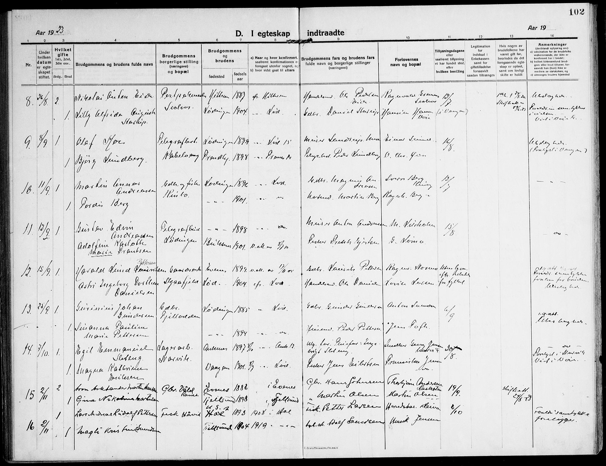 Ministerialprotokoller, klokkerbøker og fødselsregistre - Nordland, AV/SAT-A-1459/872/L1037: Parish register (official) no. 872A12, 1914-1925, p. 102