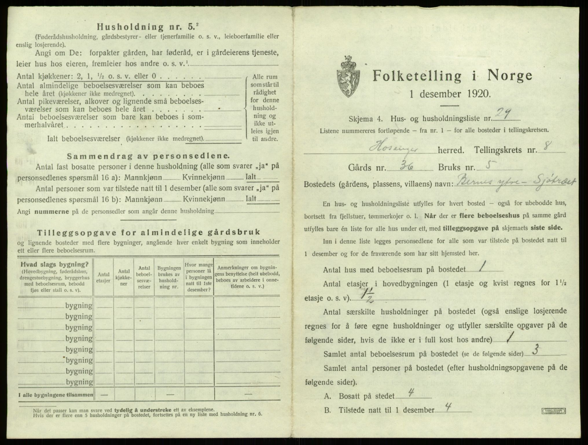 SAB, 1920 census for Hosanger, 1920, p. 482