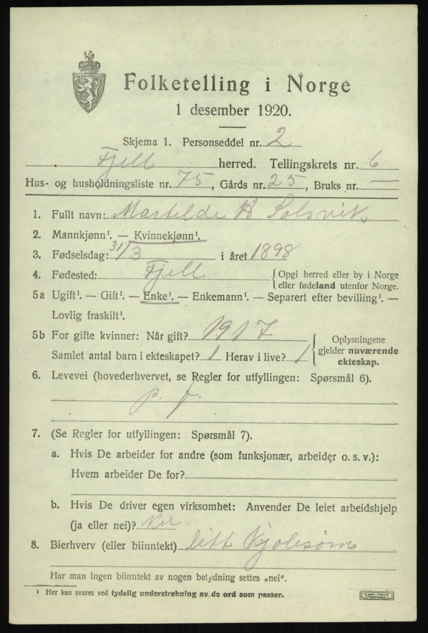 SAB, 1920 census for Fjell, 1920, p. 6206