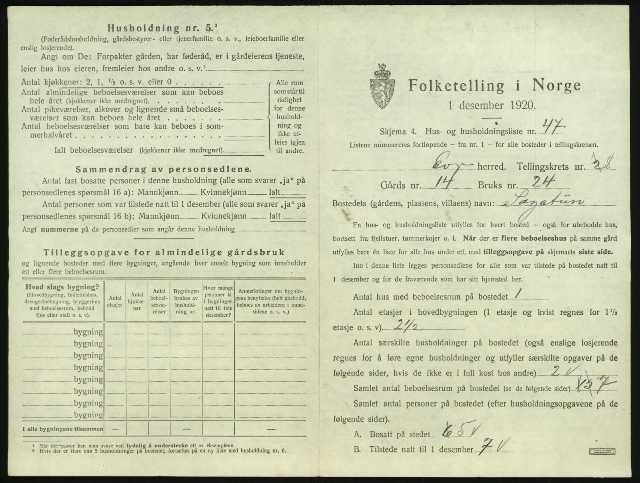 SAK, 1920 census for Evje, 1920, p. 528