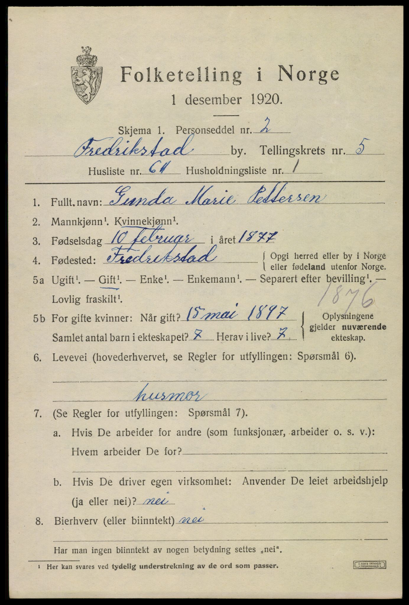 SAO, 1920 census for Fredrikstad, 1920, p. 19639