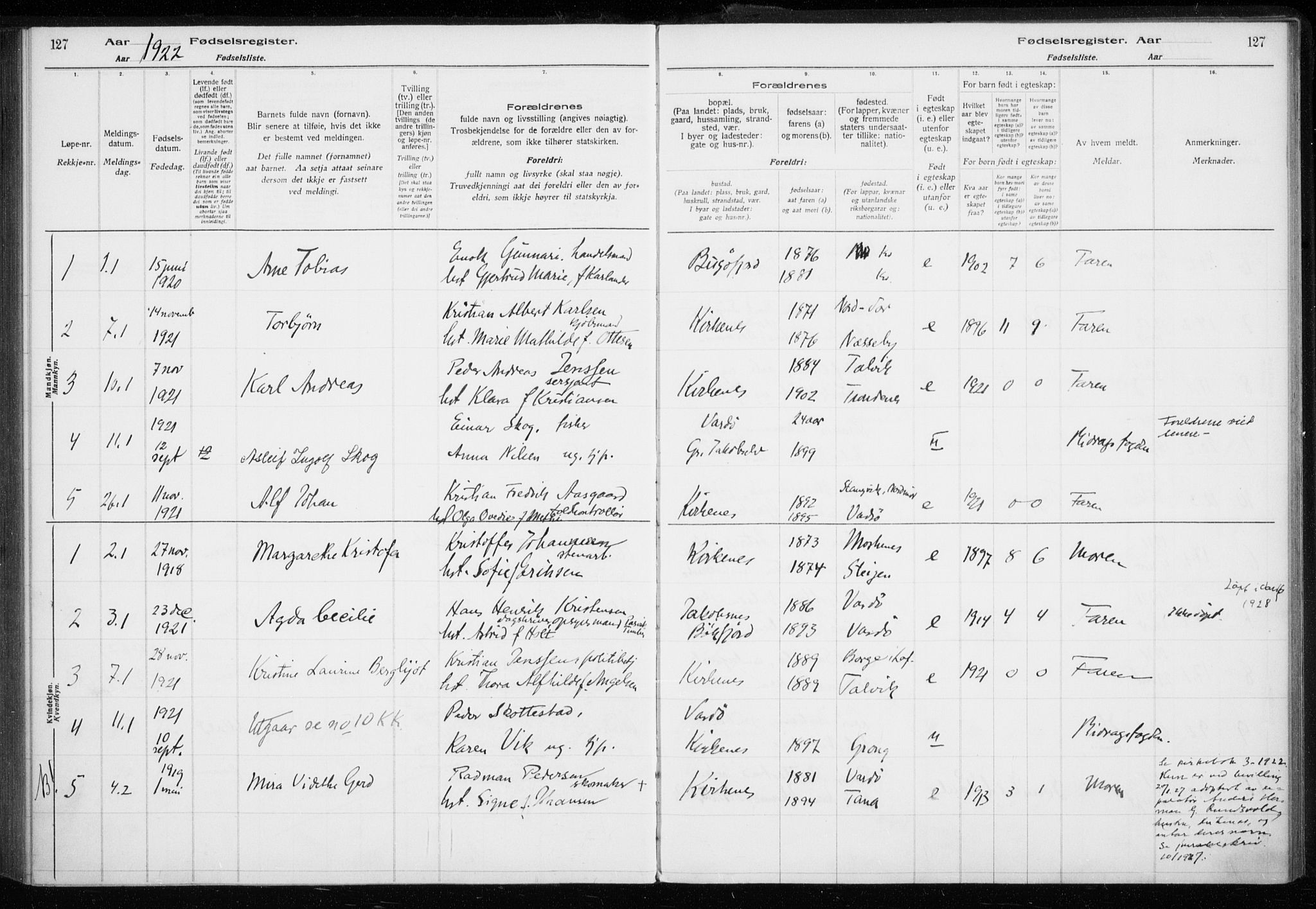 Sør-Varanger sokneprestkontor, SATØ/S-1331/I/Ia/L0016: Birth register no. 16, 1915-1925, p. 127