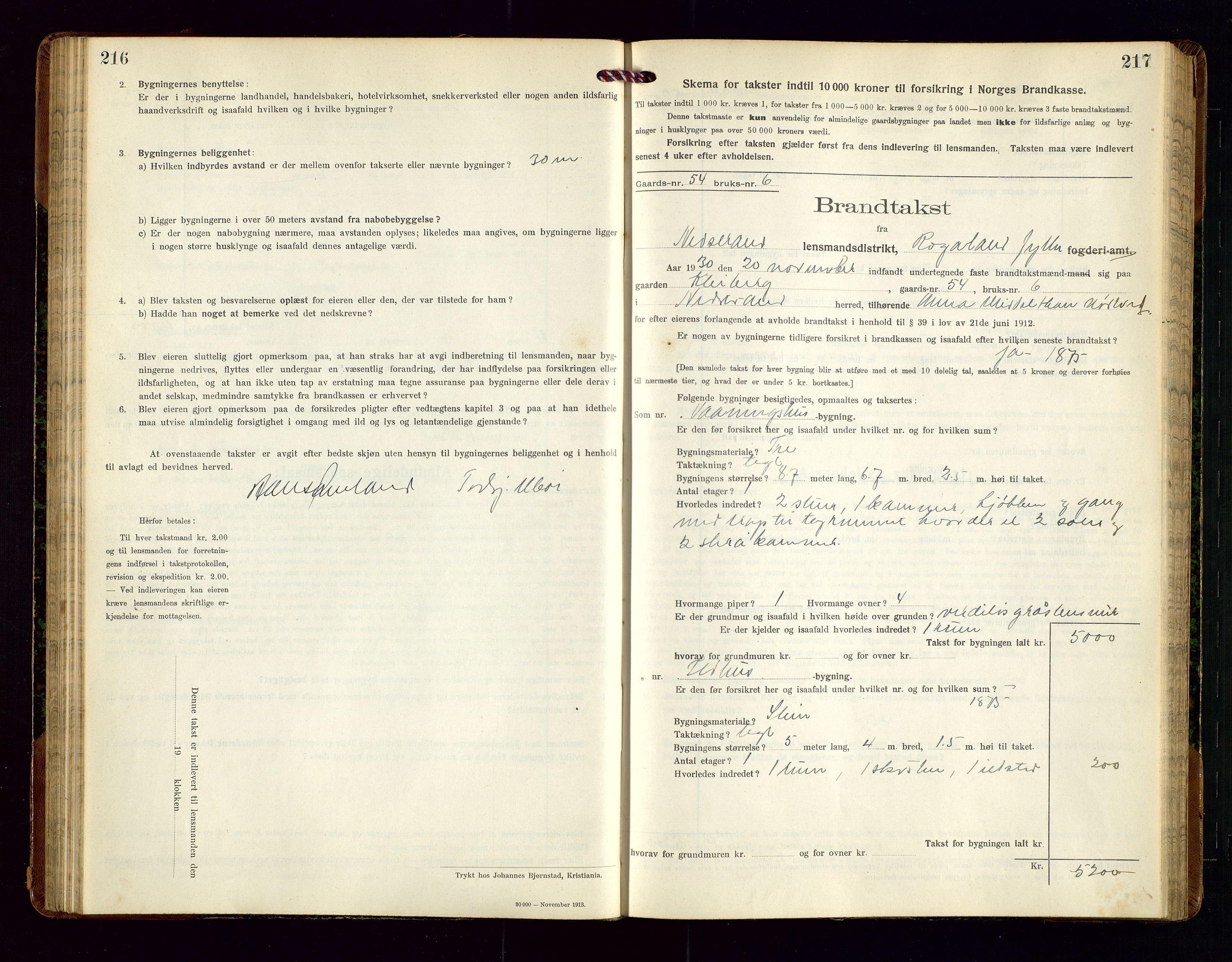 Nedstrand lensmannskontor, SAST/A-100236/Gob/L0002: "Brandtakstprotokol for Nerstrand lensmandsdistrikt Rogaland Fylke", 1916-1949, p. 216-217