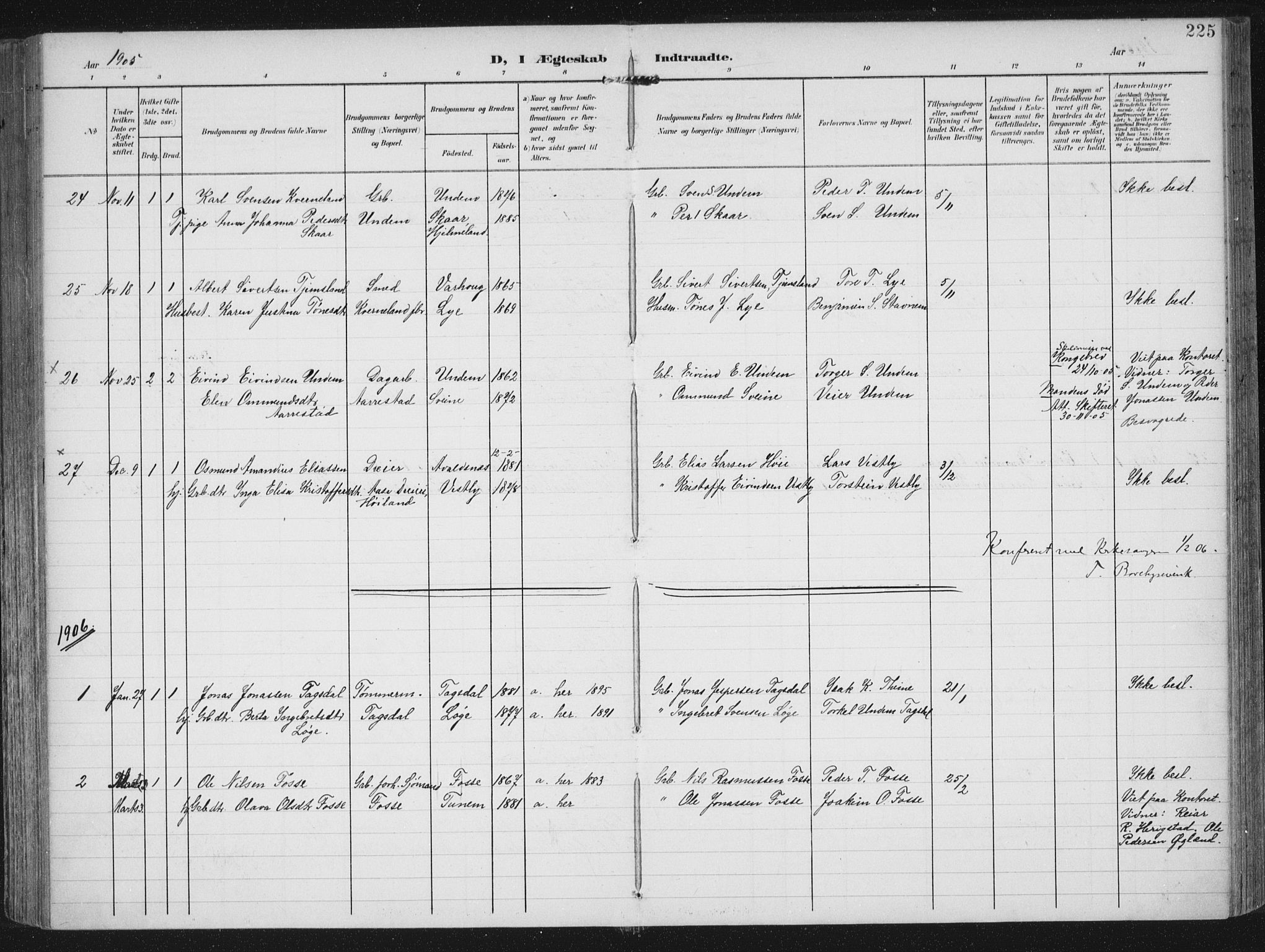 Lye sokneprestkontor, SAST/A-101794/002/A/L0001: Parish register (official) no. A 12, 1904-1920, p. 225