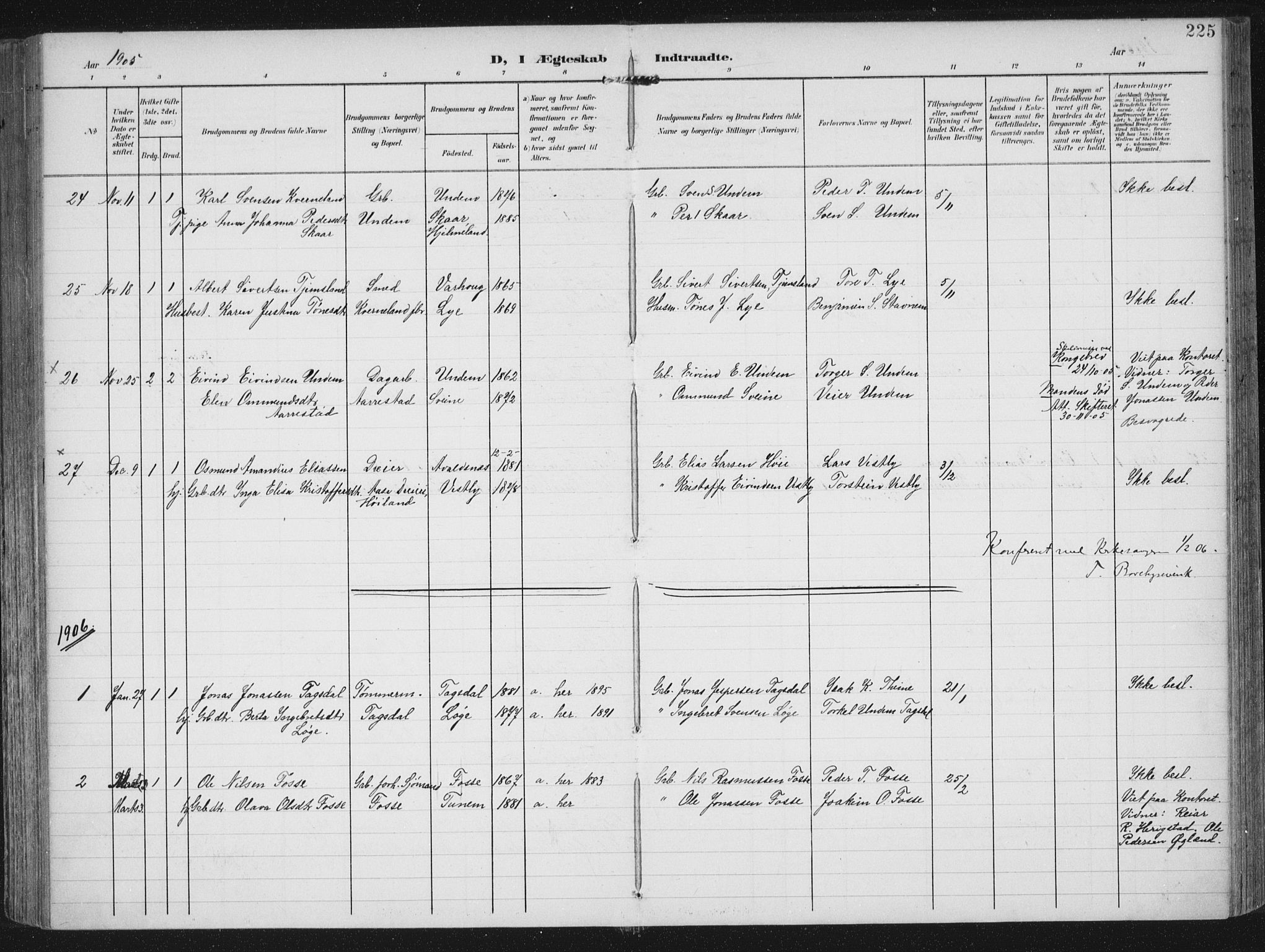 Lye sokneprestkontor, AV/SAST-A-101794/002/A/L0001: Parish register (official) no. A 12, 1904-1920, p. 225