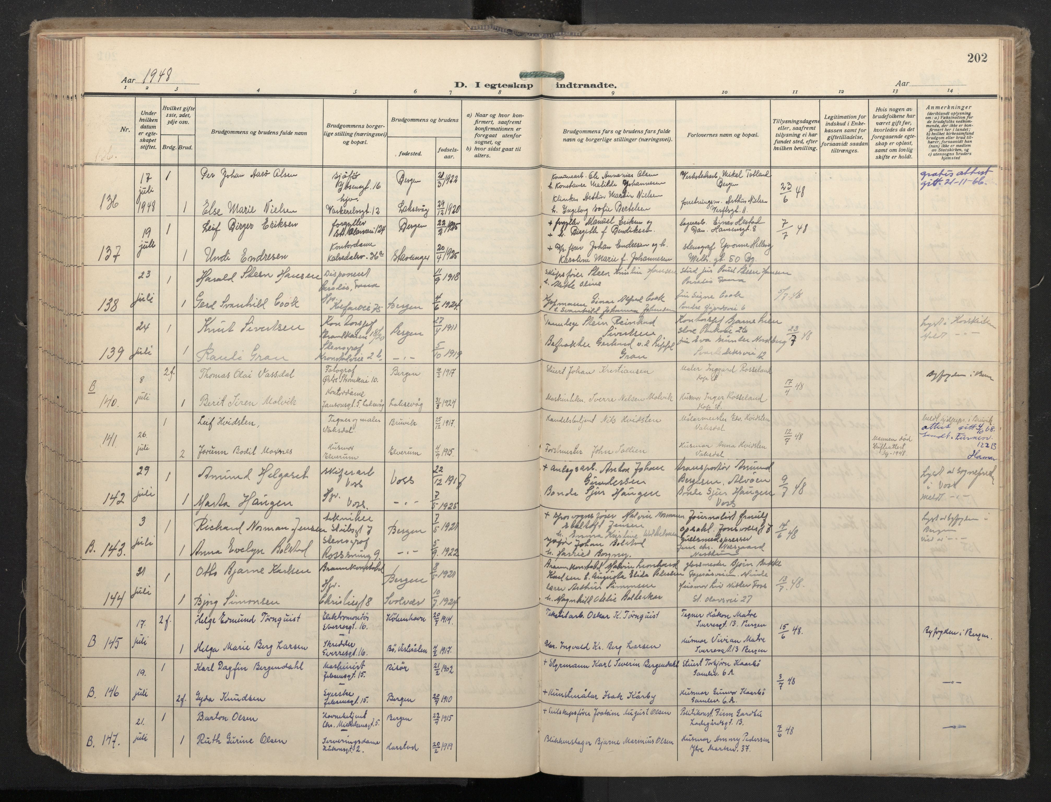 Domkirken sokneprestembete, AV/SAB-A-74801/H/Haa: Parish register (official) no. D 7, 1937-1950, p. 201b-202a