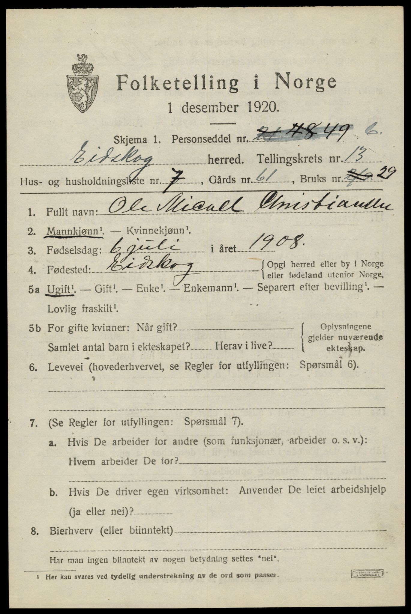 SAH, 1920 census for Eidskog, 1920, p. 12219