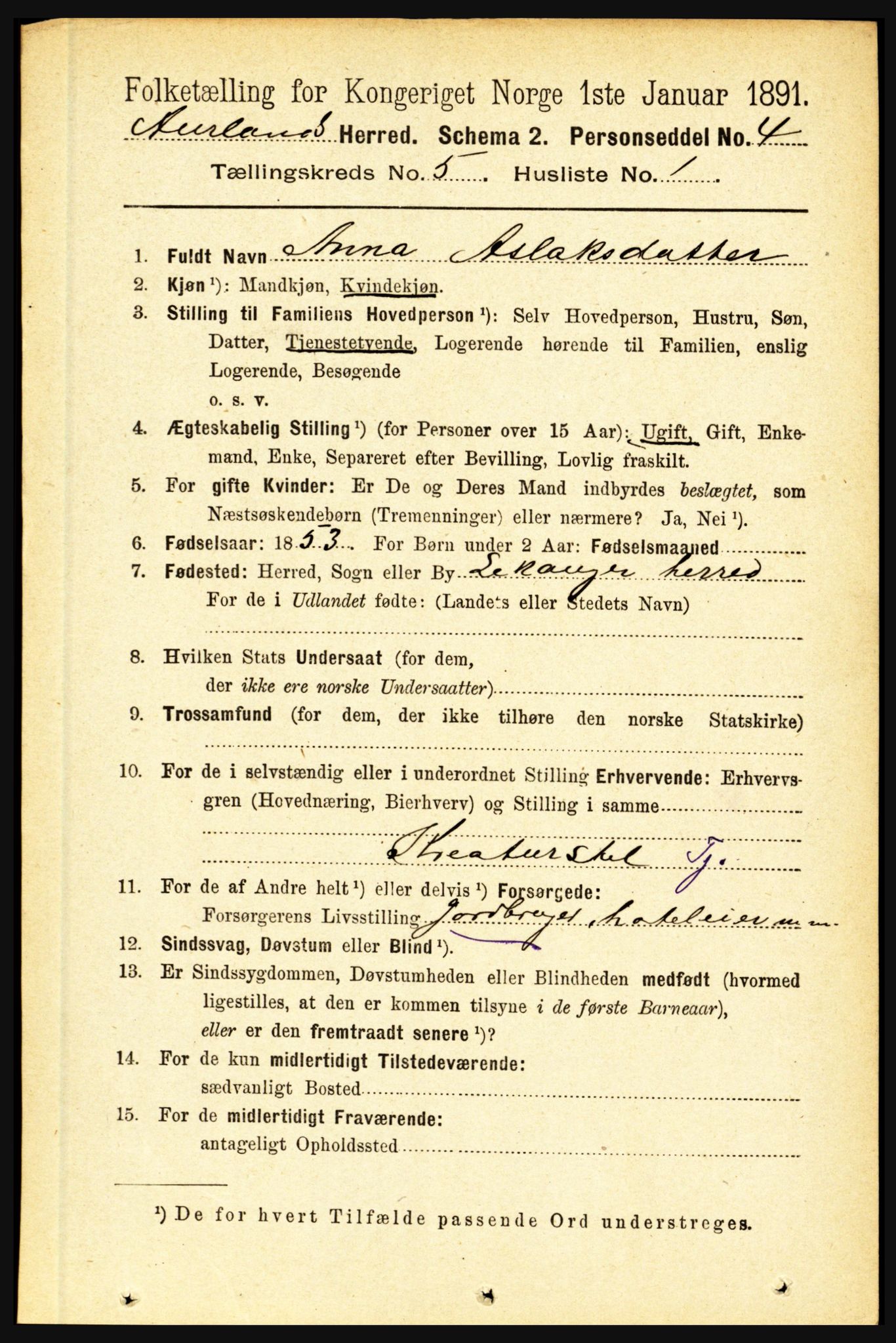 RA, 1891 census for 1421 Aurland, 1891, p. 1789