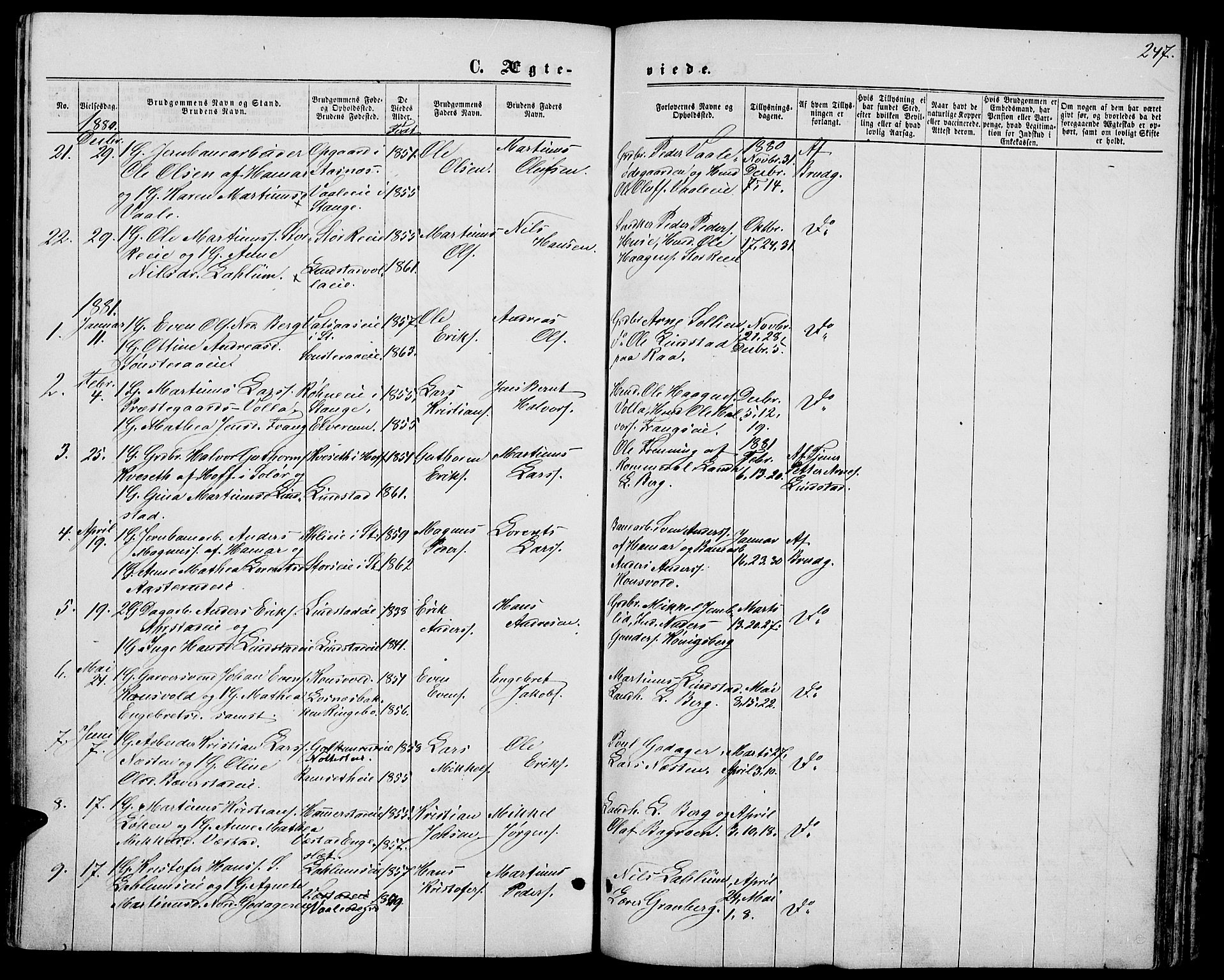 Stange prestekontor, SAH/PREST-002/L/L0006: Parish register (copy) no. 6, 1864-1882, p. 247