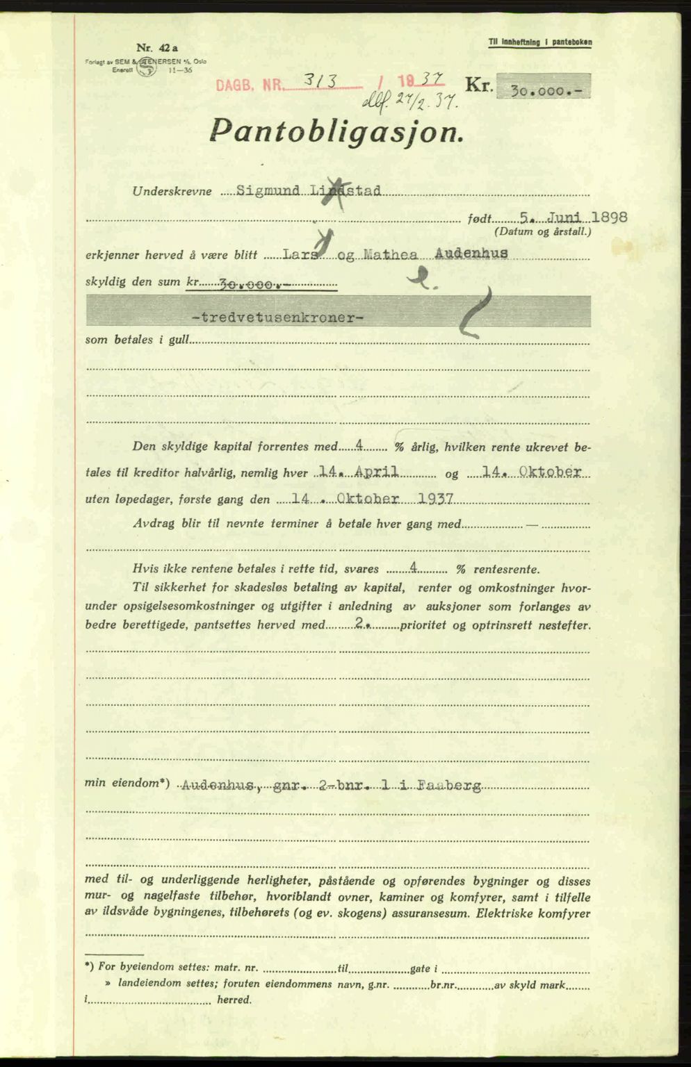 Sør-Gudbrandsdal tingrett, SAH/TING-004/H/Hb/Hbe/L0001: Mortgage book no. B1, 1936-1939, Diary no: : 313/1937