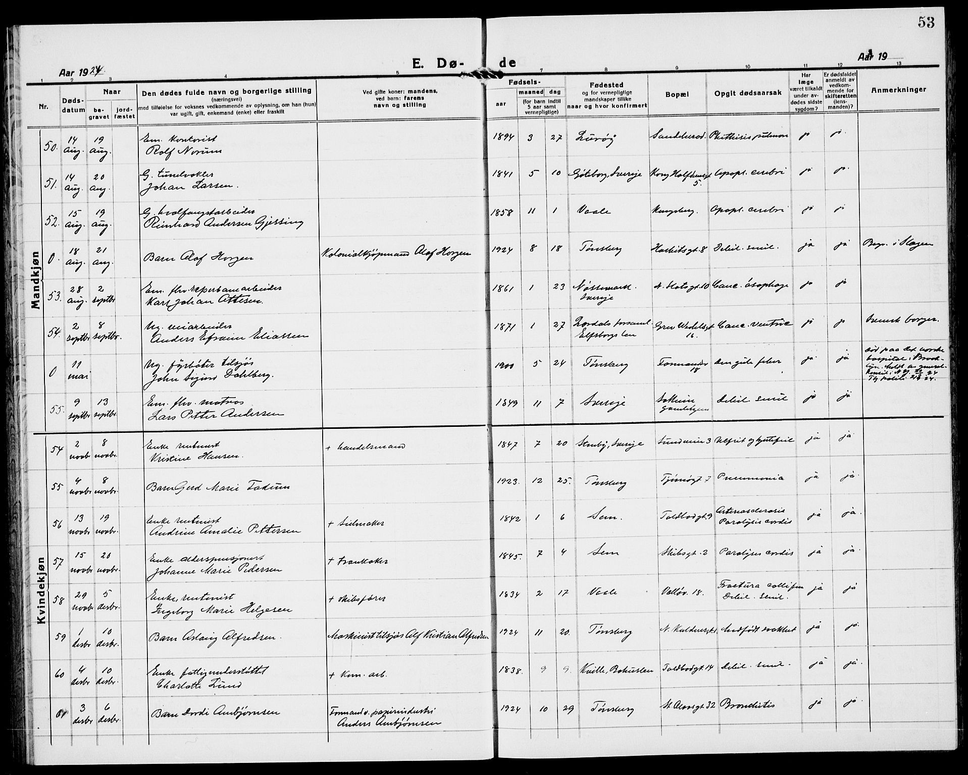 Tønsberg kirkebøker, AV/SAKO-A-330/G/Ga/L0018: Parish register (copy) no. 18, 1920-1935, p. 53