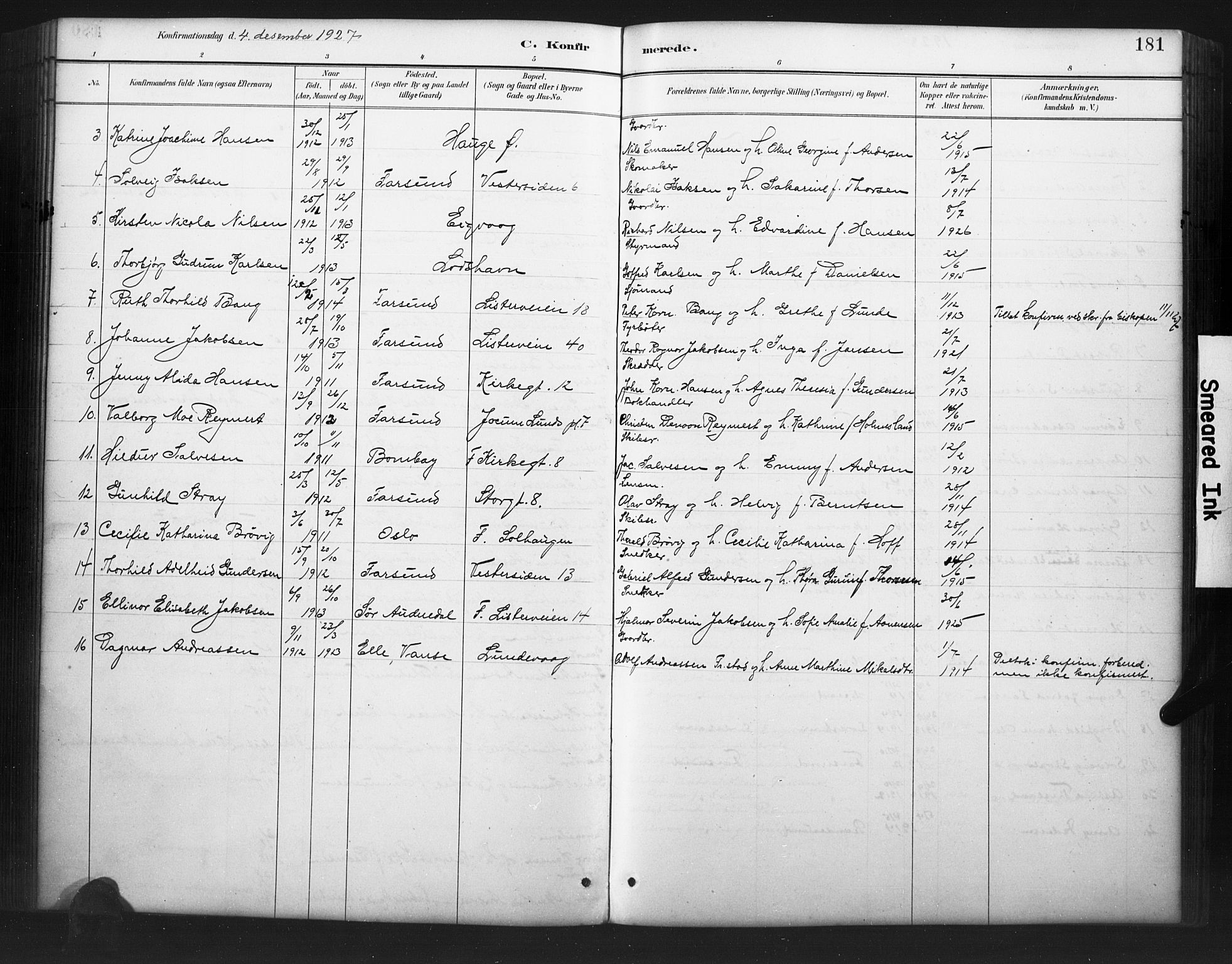 Farsund sokneprestkontor, AV/SAK-1111-0009/F/Fb/L0001: Parish register (copy) no. B 1, 1886-1931, p. 181