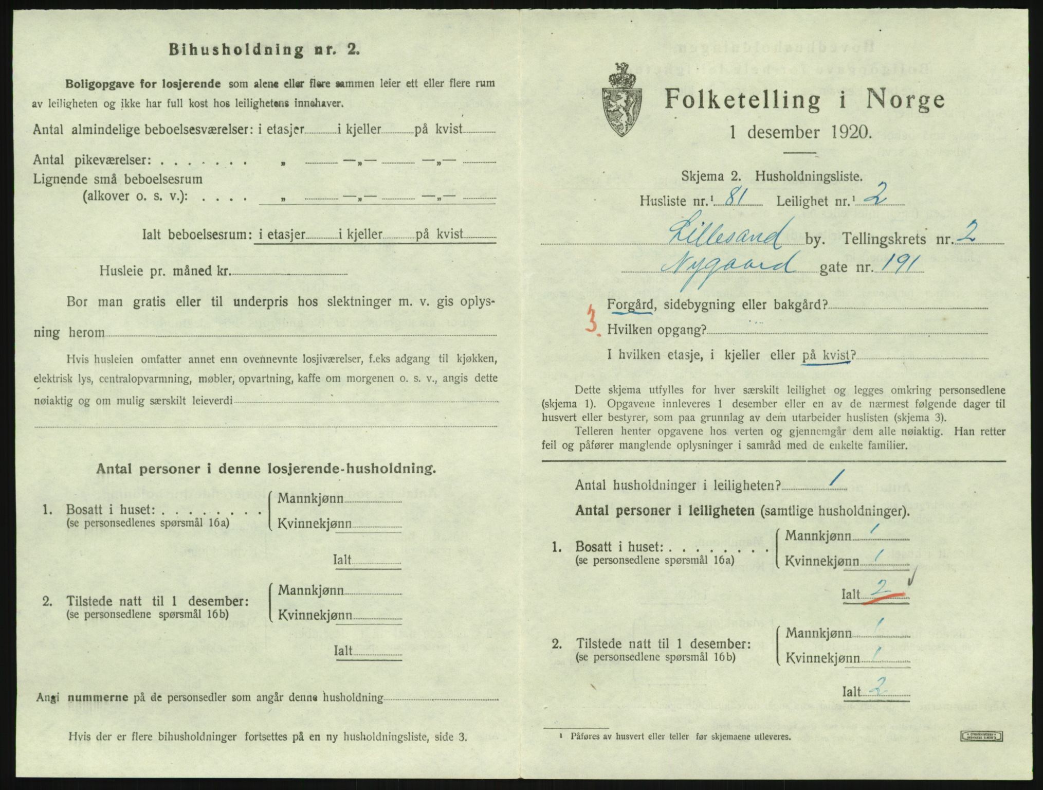 SAK, 1920 census for Lillesand, 1920, p. 1037