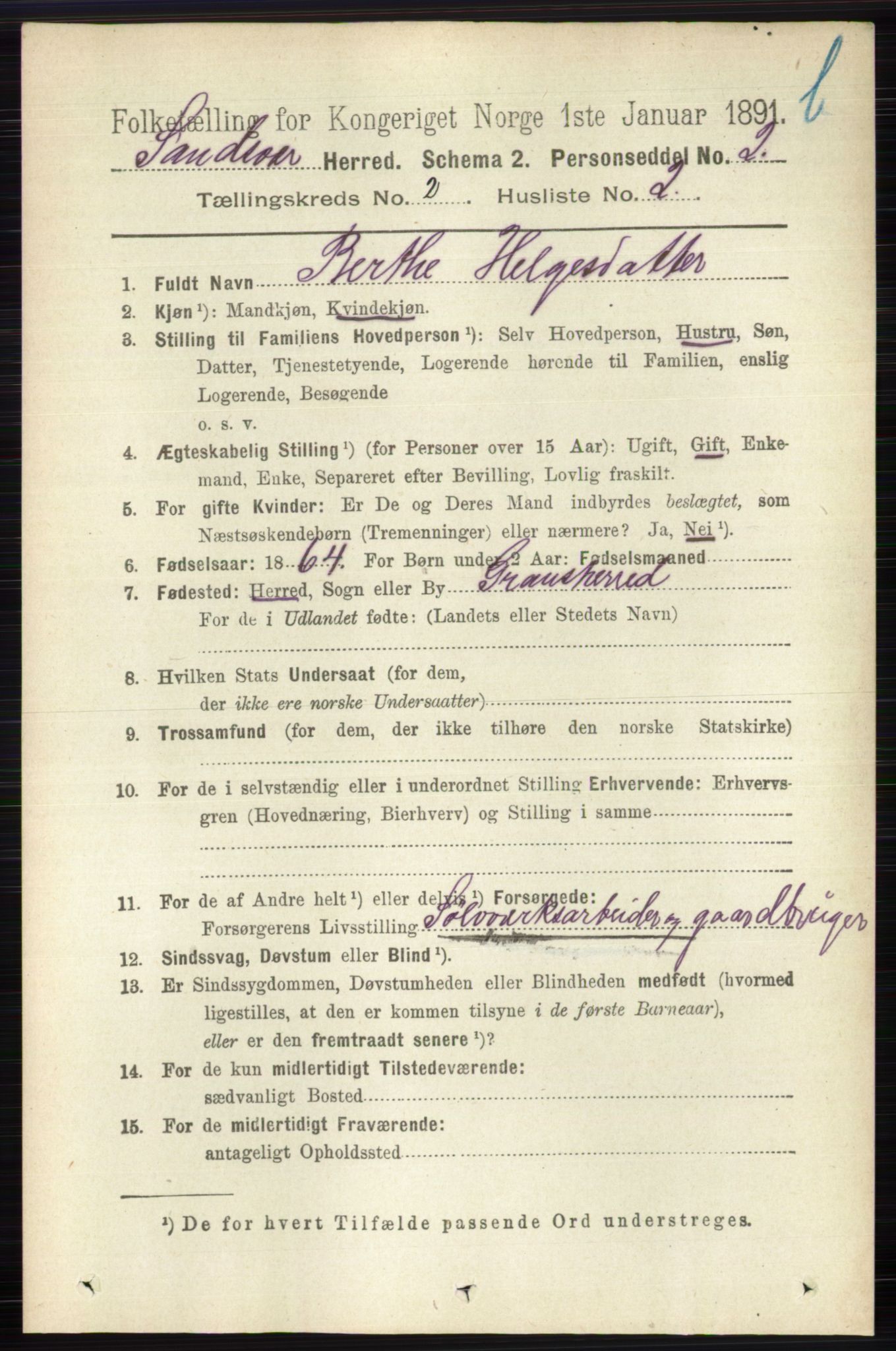 RA, 1891 census for 0629 Sandsvær, 1891, p. 5736