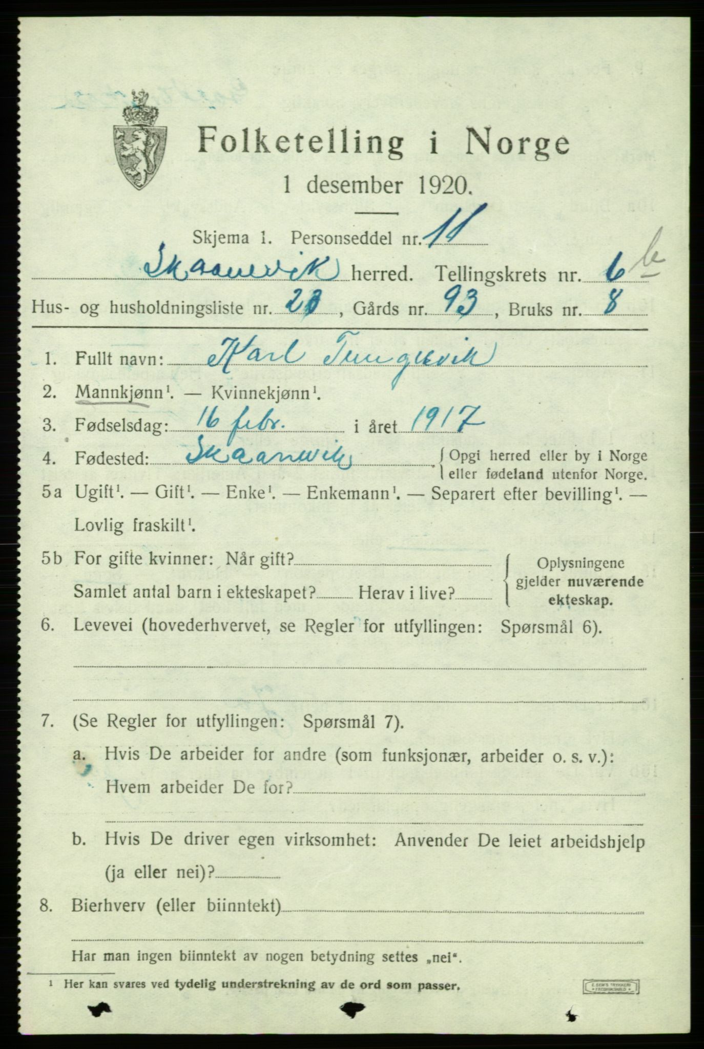 SAB, 1920 census for Skånevik, 1920, p. 4349