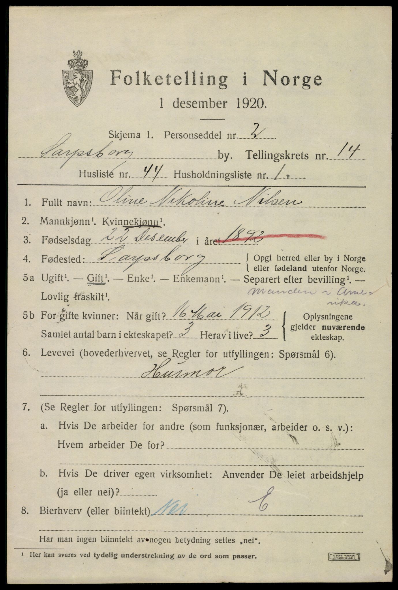 SAO, 1920 census for Sarpsborg, 1920, p. 29552