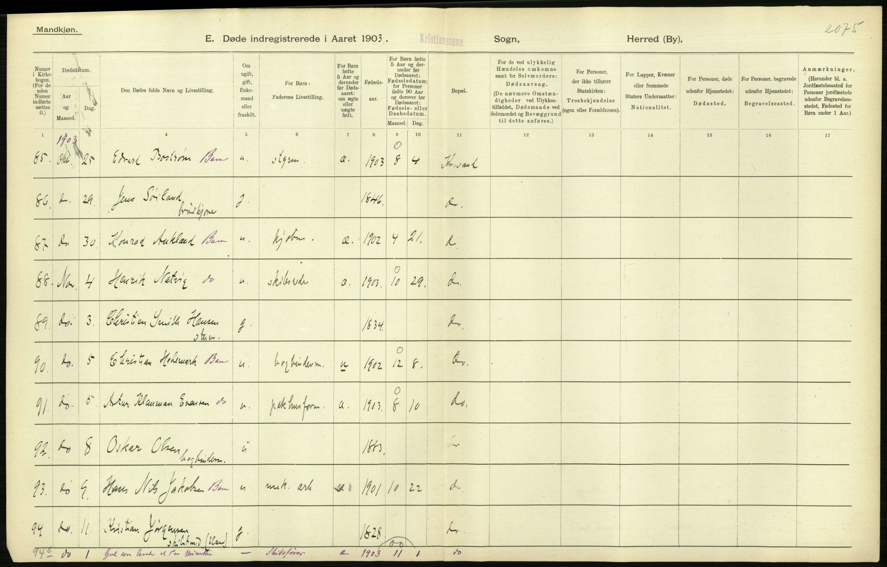 Statistisk sentralbyrå, Sosiodemografiske emner, Befolkning, AV/RA-S-2228/D/Df/Dfa/Dfaa/L0011: Lister og Mandal amt: Fødte, gifte, døde, 1903, p. 534